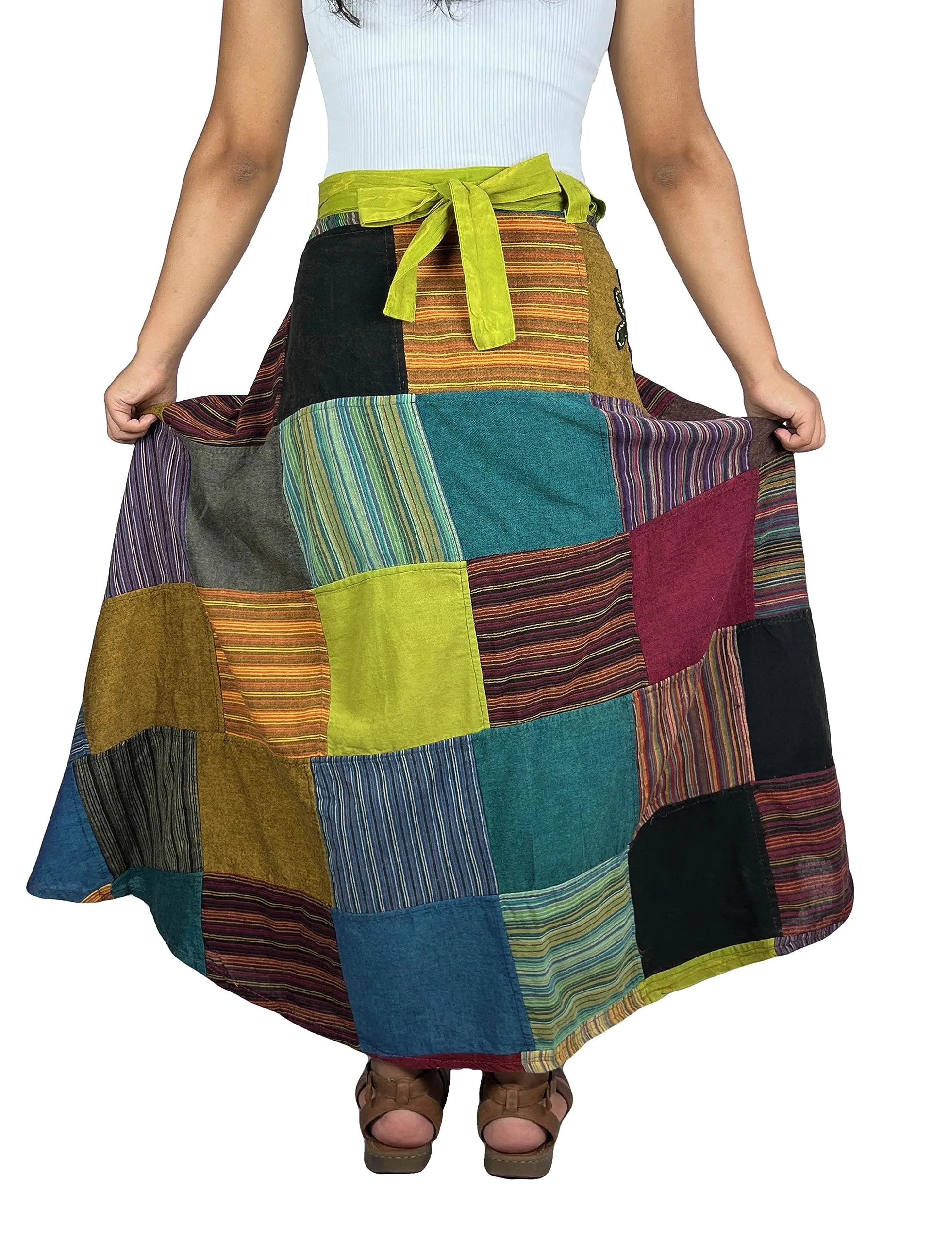 400 WS Cotton Gypsy Flower Diamond Patched Wrap Skirt Maxi