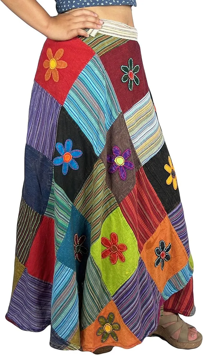 400 WS Cotton Gypsy Flower Diamond Patched Wrap Skirt Maxi
