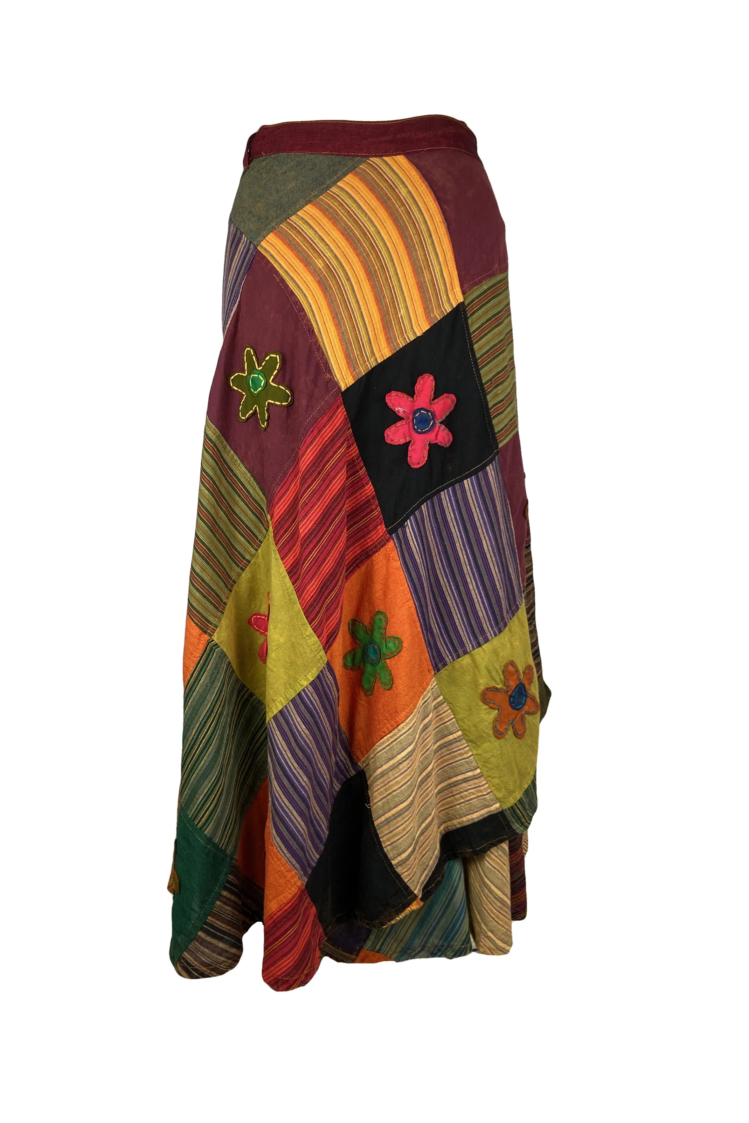 400 WS Cotton Gypsy Flower Diamond Patched Wrap Skirt Maxi