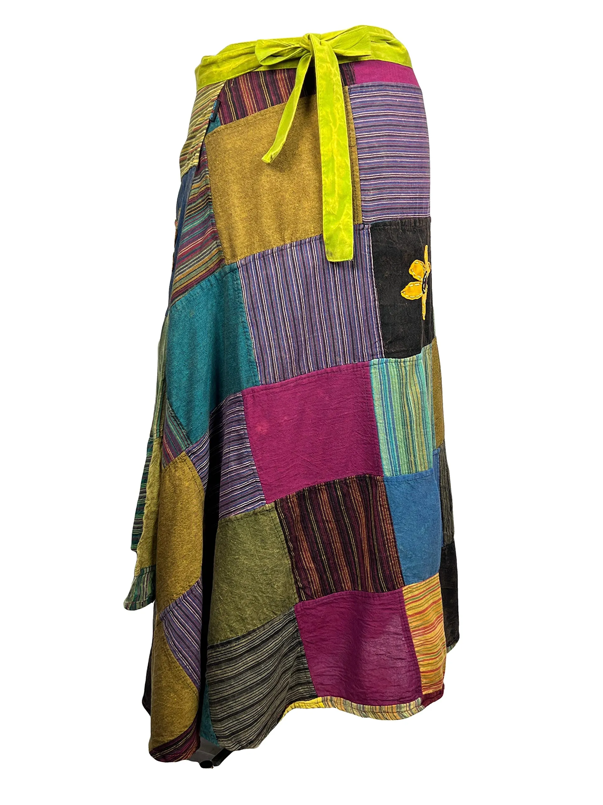 400 WS Cotton Gypsy Flower Diamond Patched Wrap Skirt Maxi