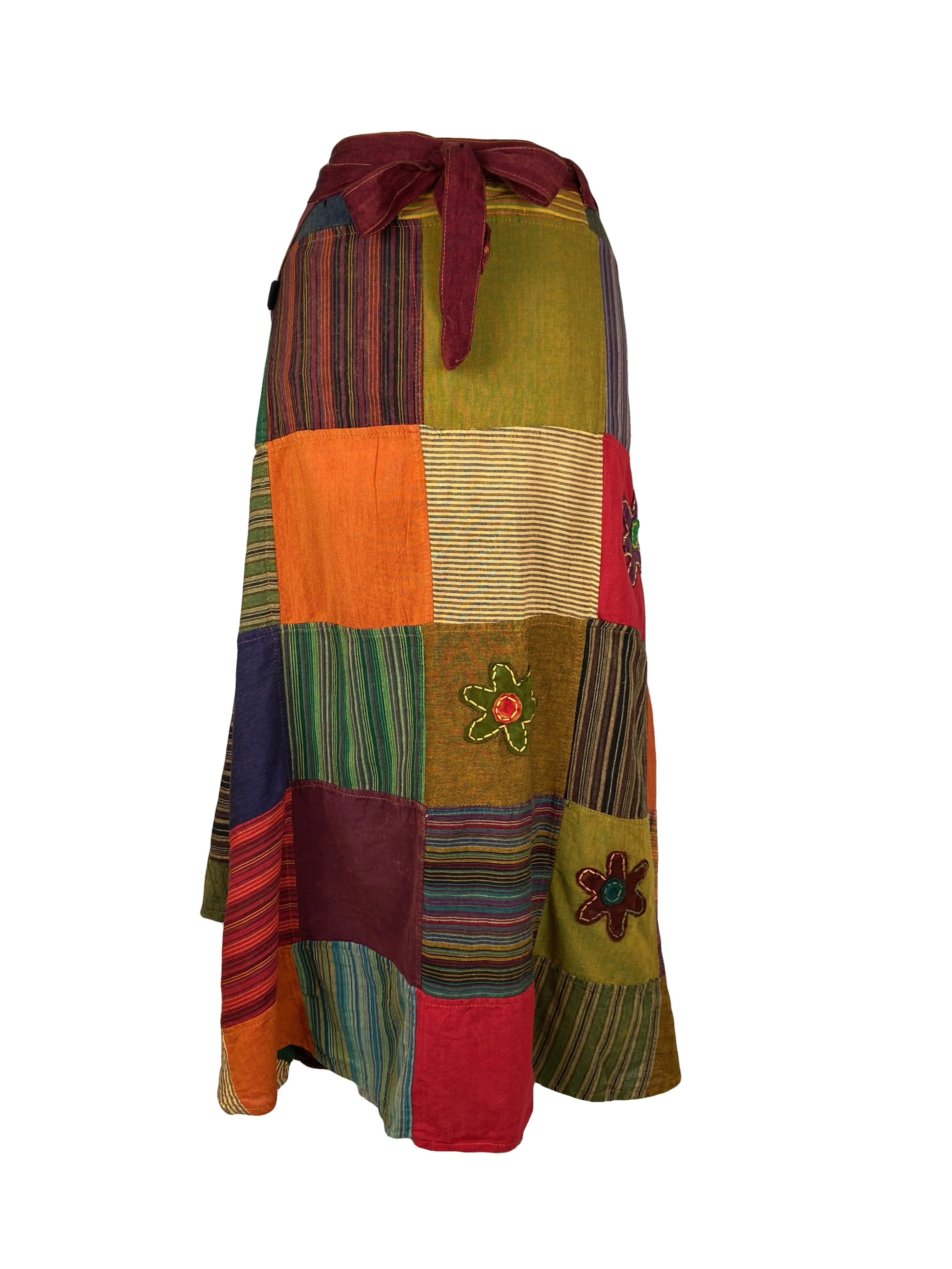400 WS Cotton Gypsy Flower Diamond Patched Wrap Skirt Maxi