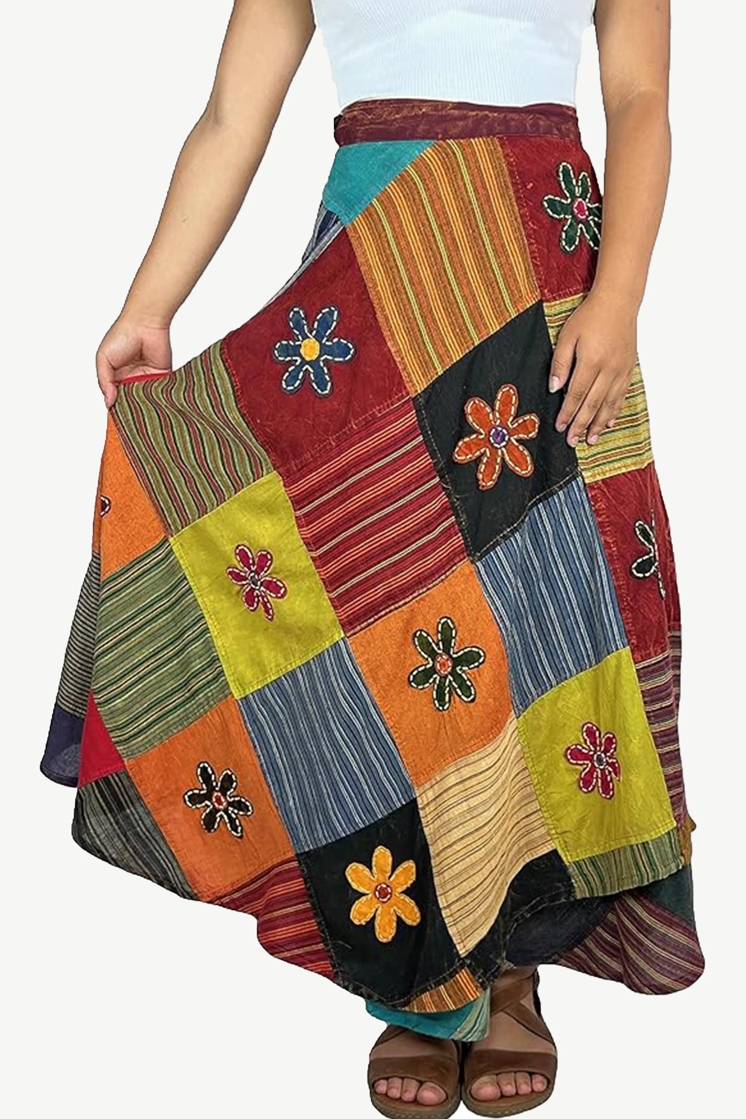 400 WS Cotton Gypsy Flower Diamond Patched Wrap Skirt Maxi
