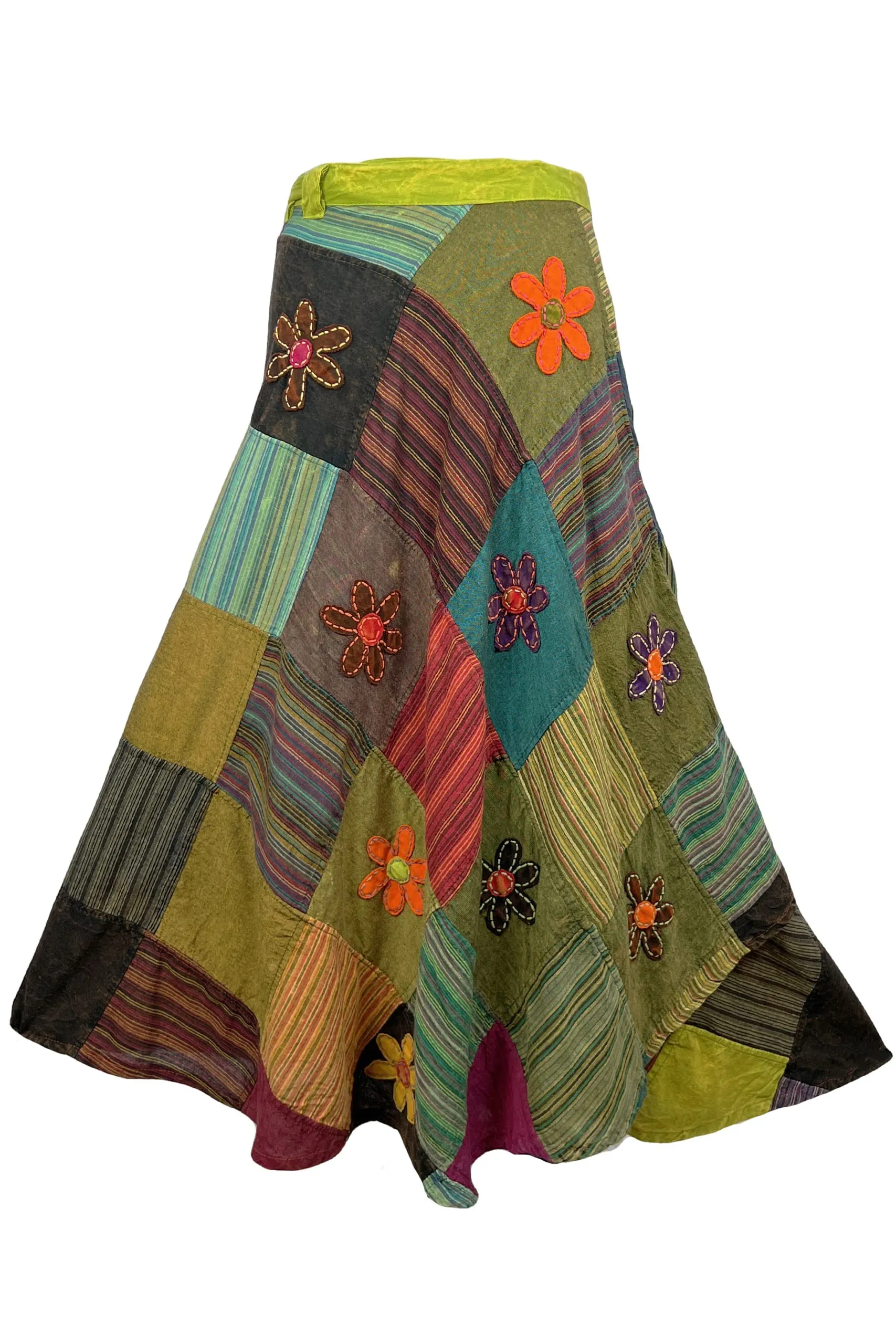 400 WS Cotton Gypsy Flower Diamond Patched Wrap Skirt Maxi