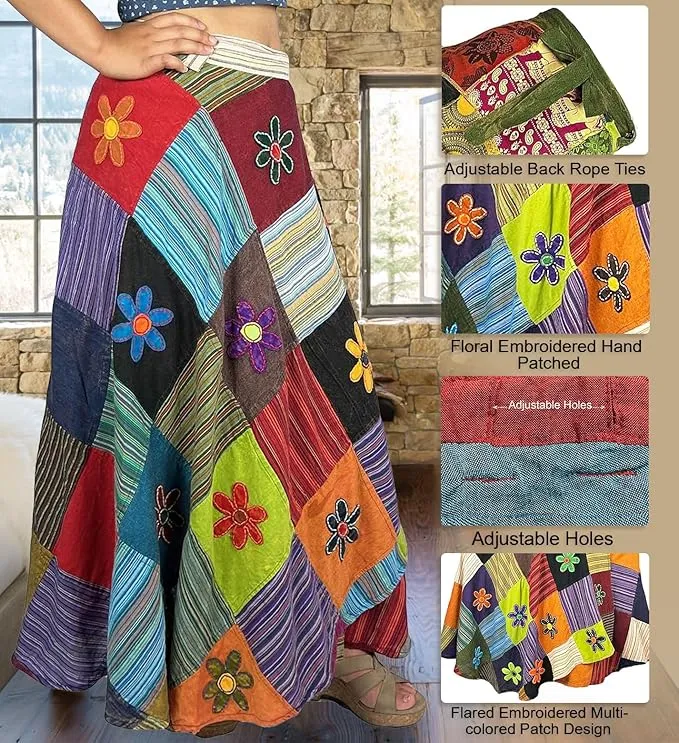 400 WS Cotton Gypsy Flower Diamond Patched Wrap Skirt Maxi