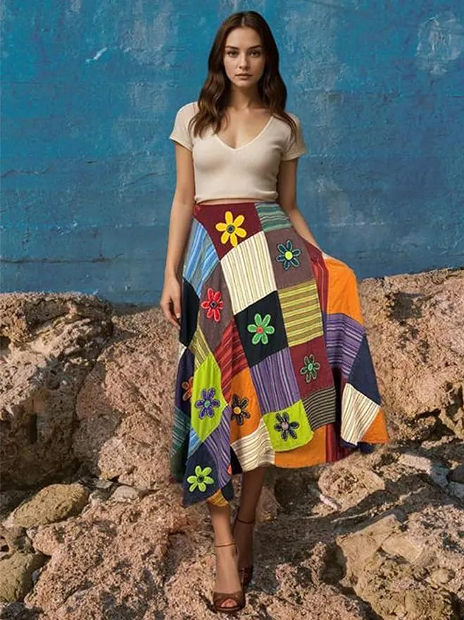 400 WS Cotton Gypsy Flower Diamond Patched Wrap Skirt Maxi