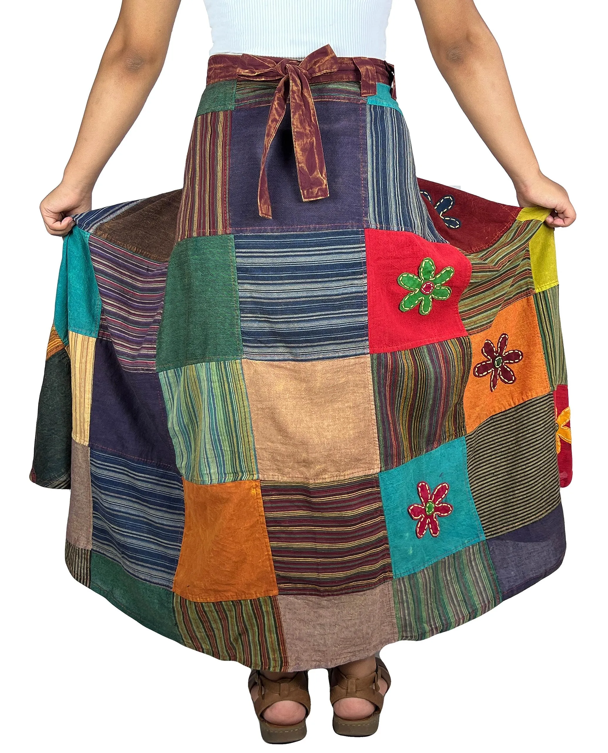 400 WS Cotton Gypsy Flower Diamond Patched Wrap Skirt Maxi