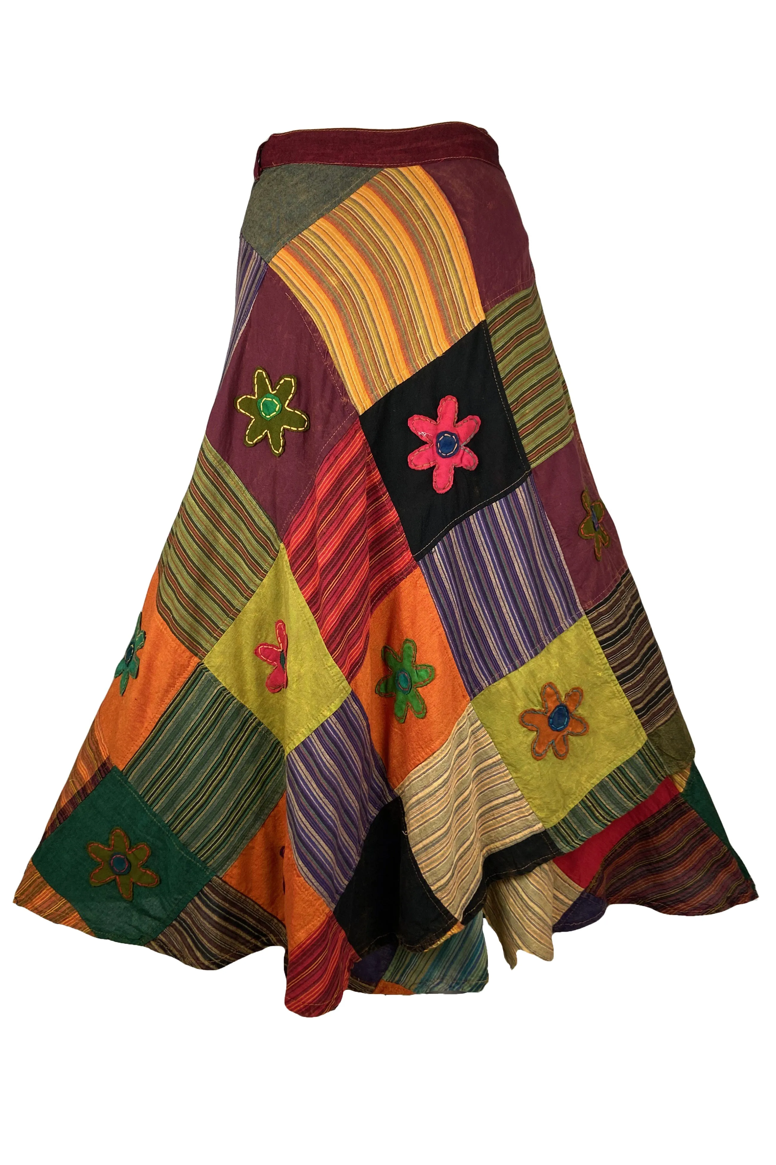 400 WS Cotton Gypsy Flower Diamond Patched Wrap Skirt Maxi