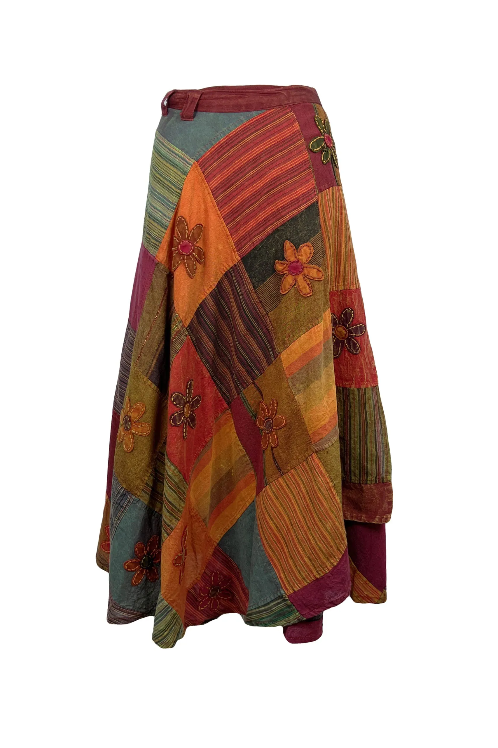 400 WS Cotton Gypsy Flower Diamond Patched Wrap Skirt Maxi