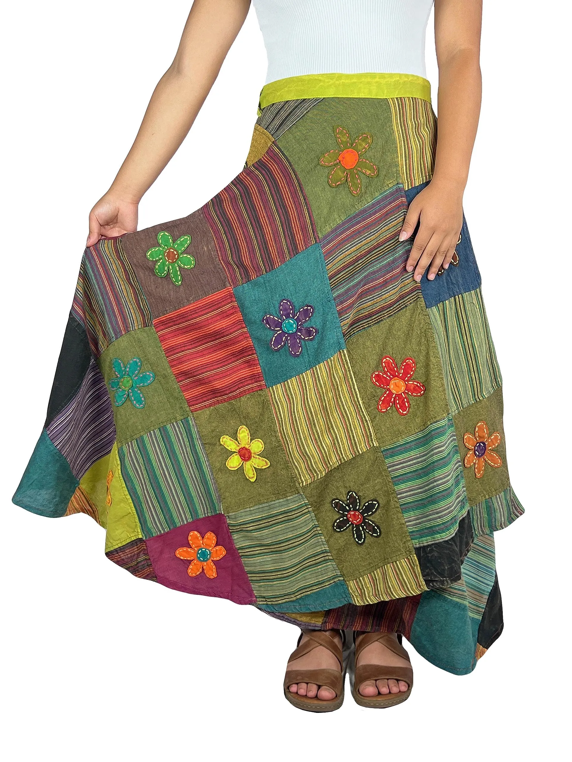400 WS Cotton Gypsy Flower Diamond Patched Wrap Skirt Maxi