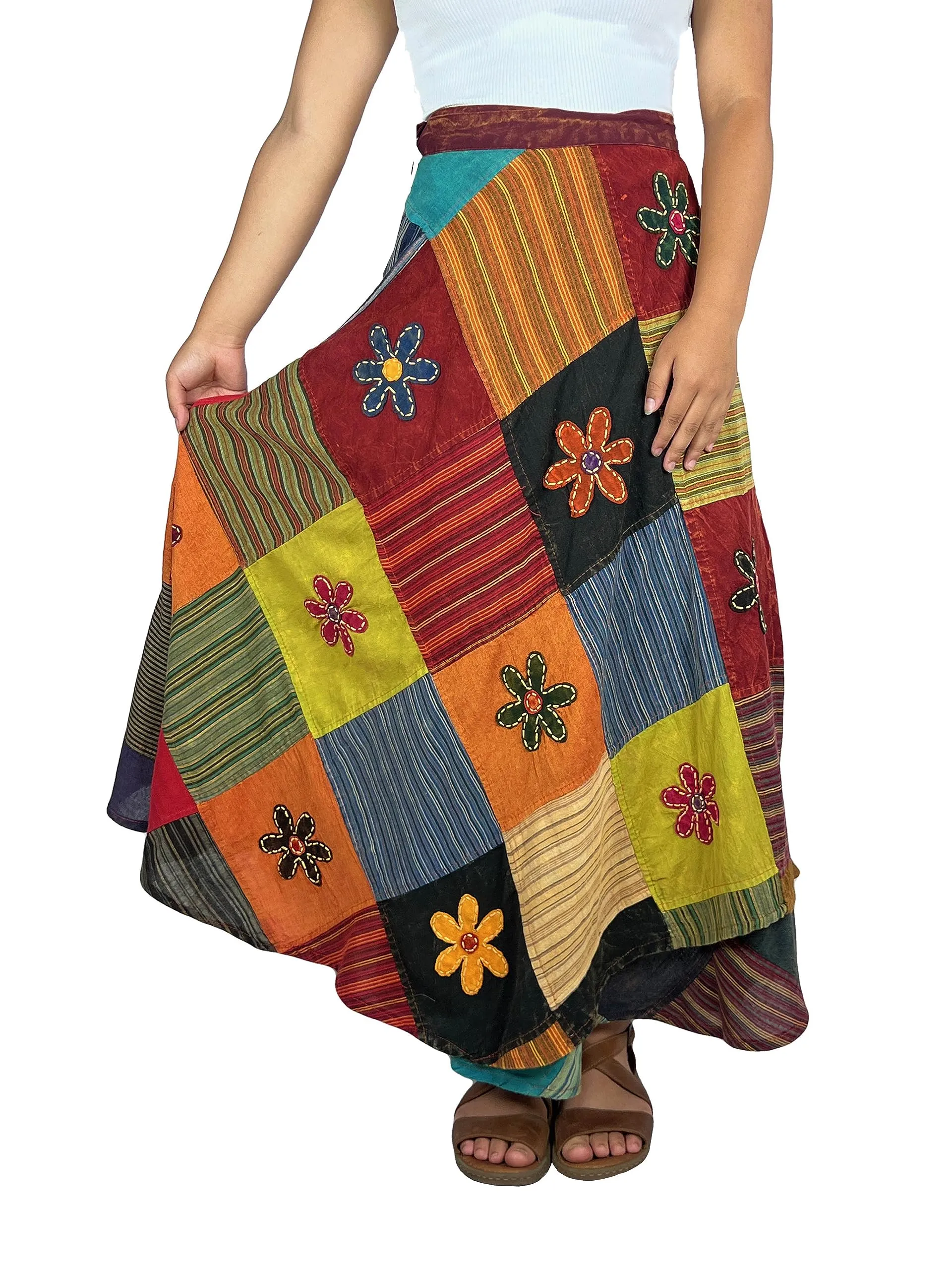 400 WS Cotton Gypsy Flower Diamond Patched Wrap Skirt Maxi
