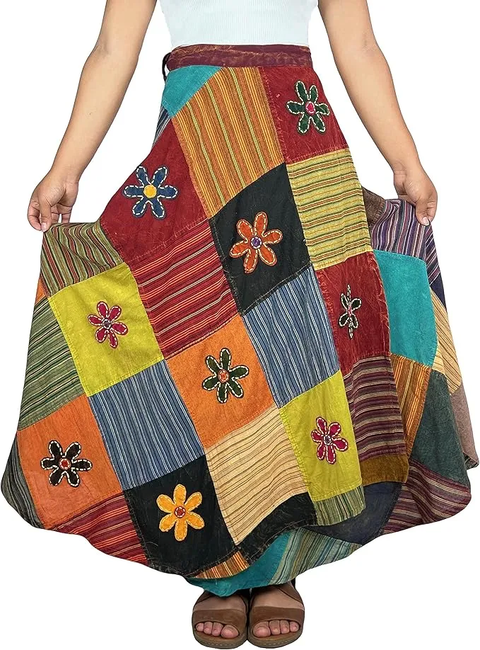 400 WS Cotton Gypsy Flower Diamond Patched Wrap Skirt Maxi