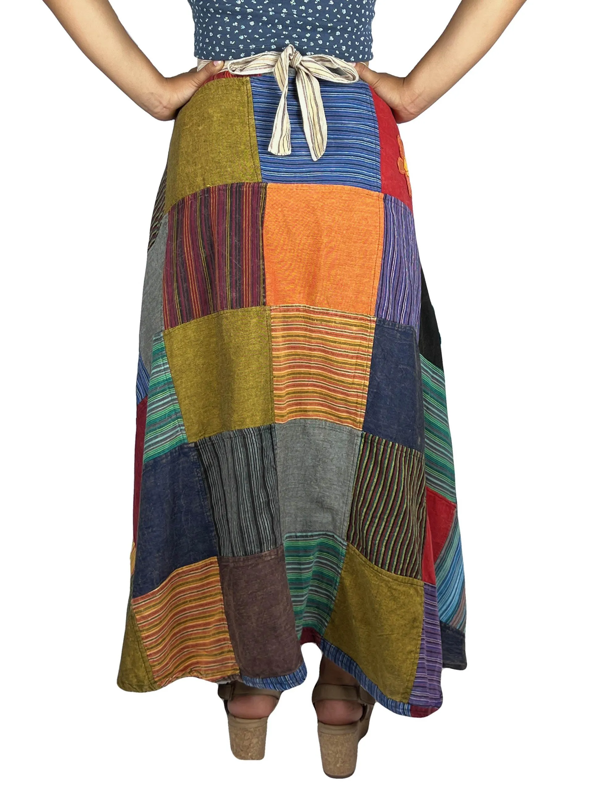 400 WS Cotton Gypsy Flower Diamond Patched Wrap Skirt Maxi