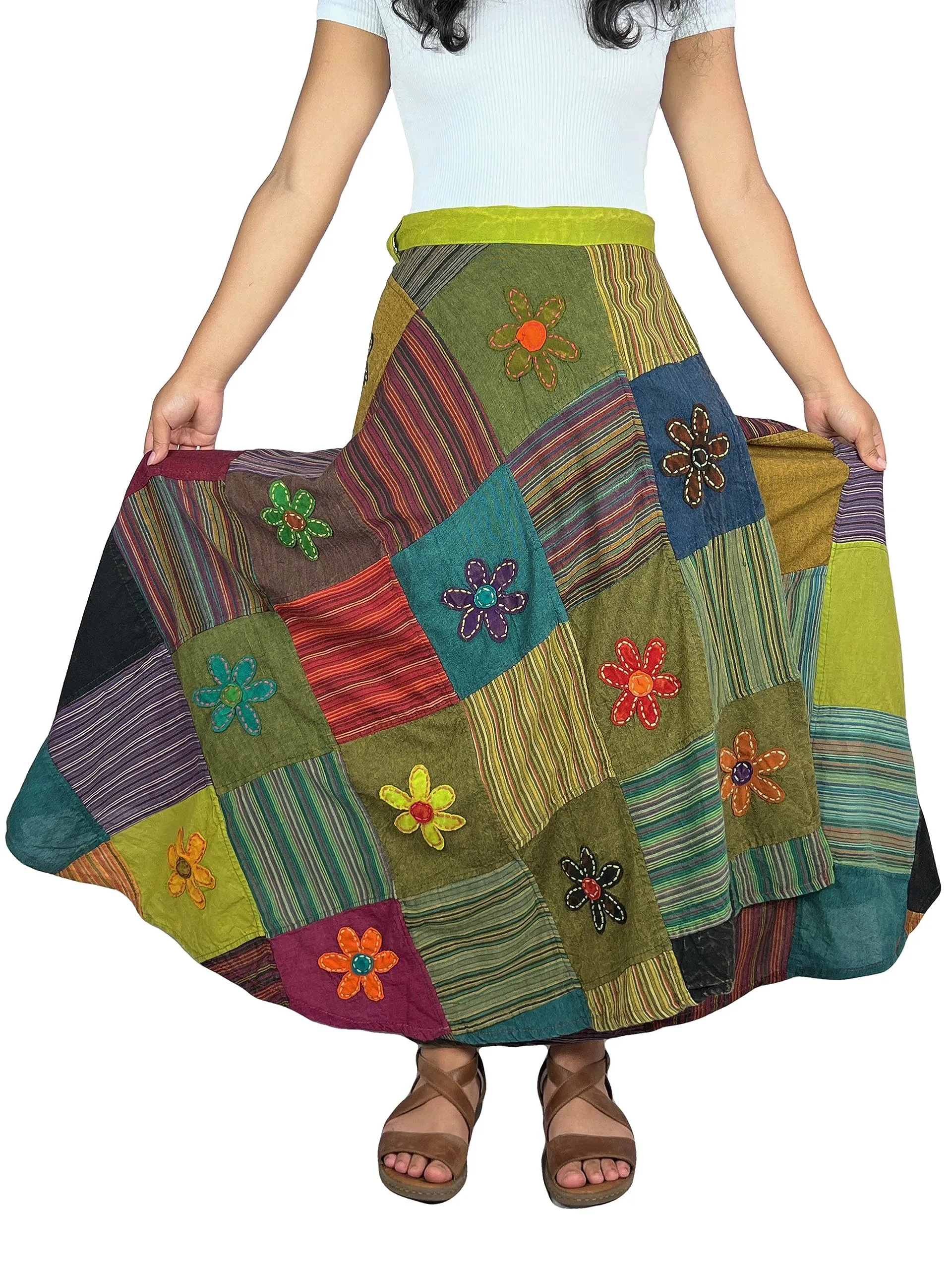 400 WS Cotton Gypsy Flower Diamond Patched Wrap Skirt Maxi