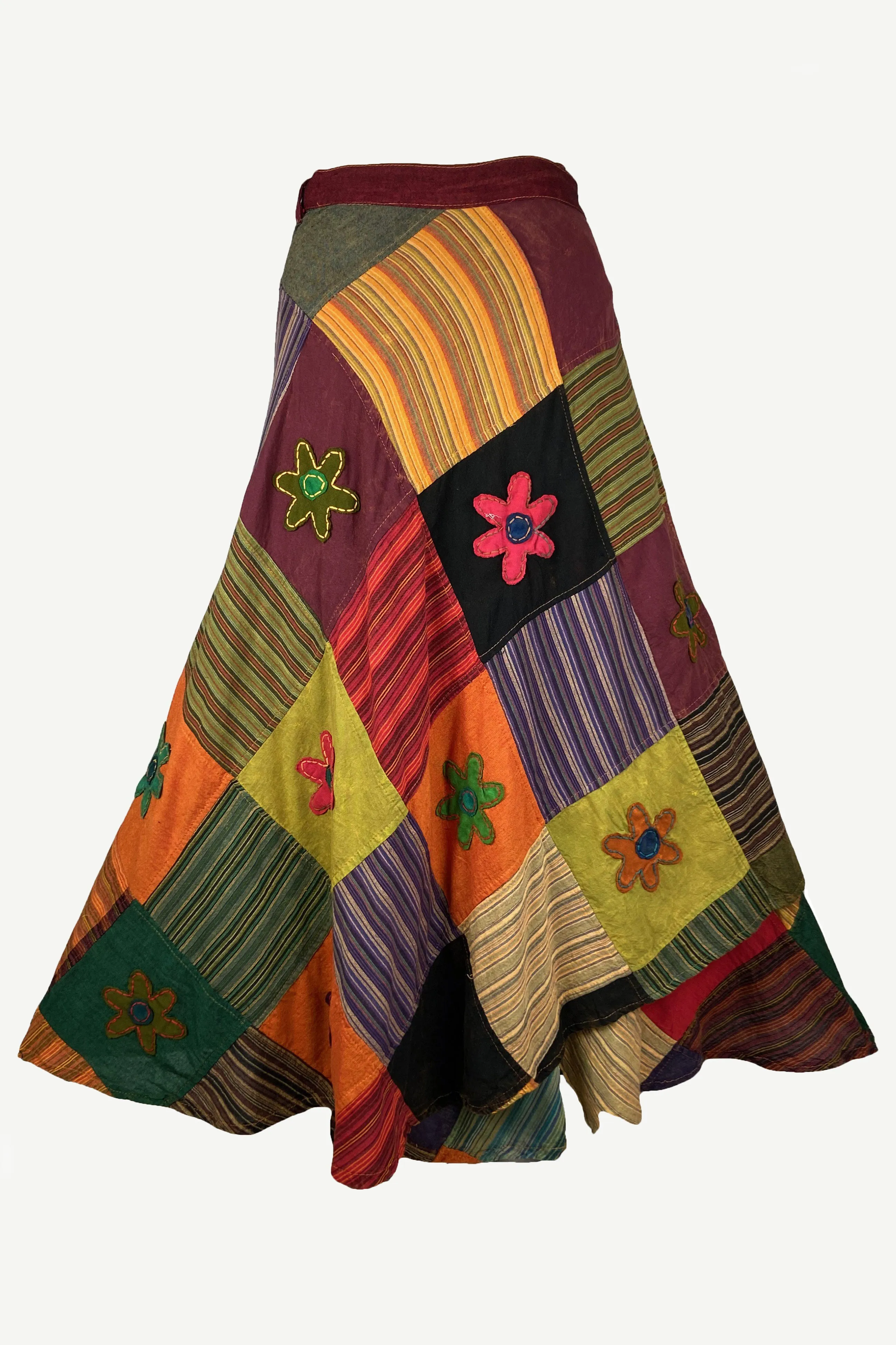 400 WS Cotton Gypsy Flower Diamond Patched Wrap Skirt Maxi