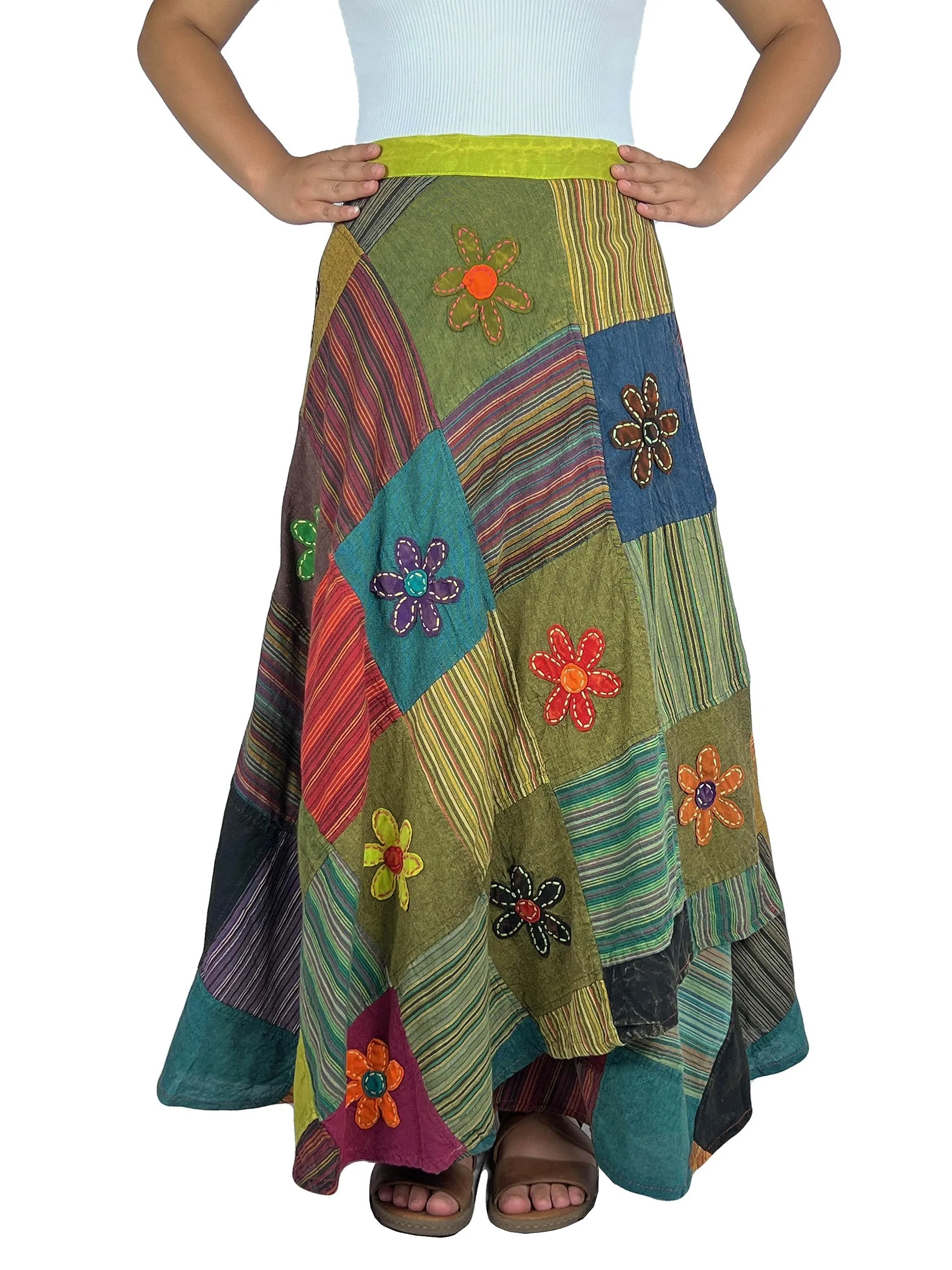 400 WS Cotton Gypsy Flower Diamond Patched Wrap Skirt Maxi