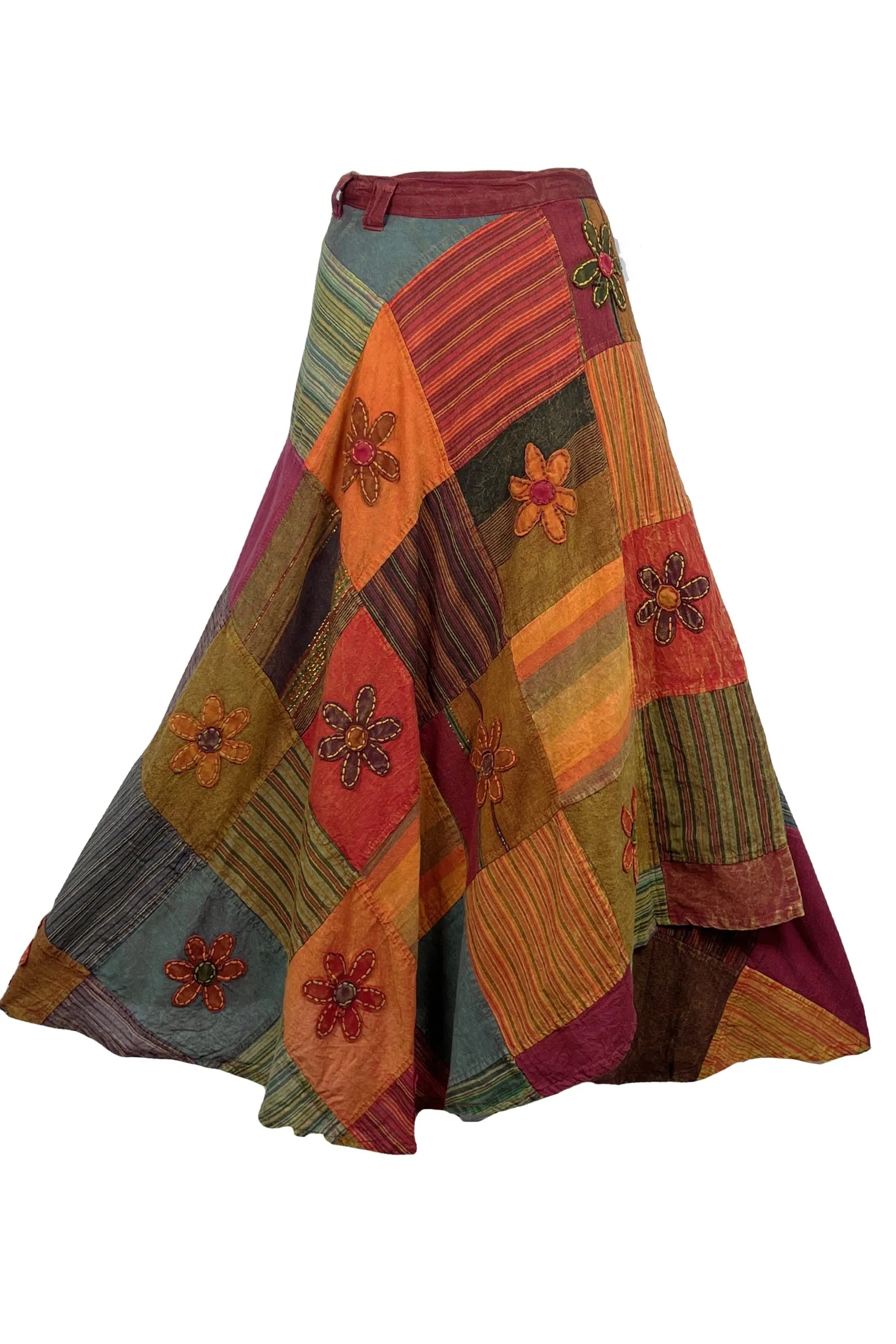 400 WS Cotton Gypsy Flower Diamond Patched Wrap Skirt Maxi