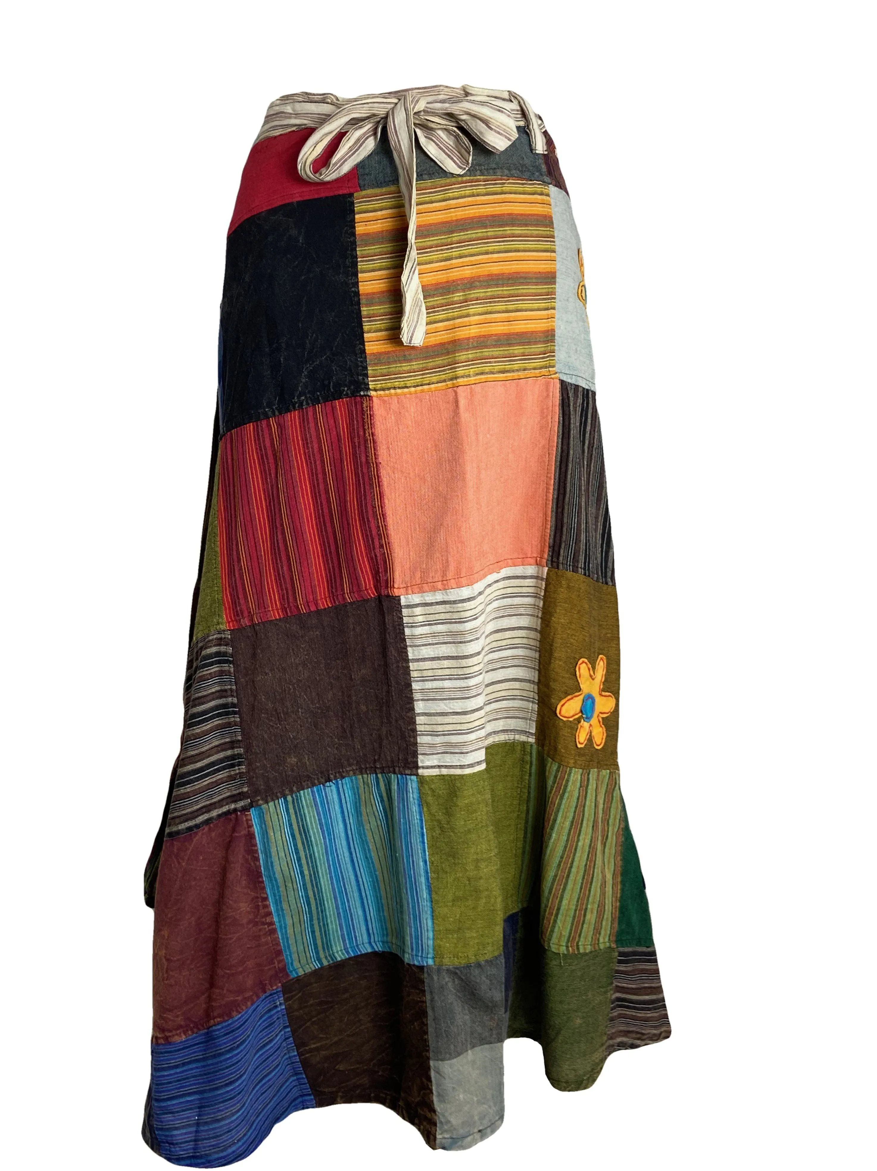 400 WS Cotton Gypsy Flower Diamond Patched Wrap Skirt Maxi