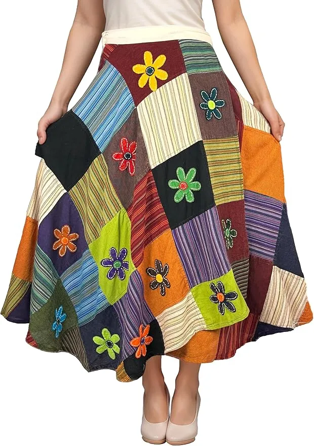 400 WS Cotton Gypsy Flower Diamond Patched Wrap Skirt Maxi