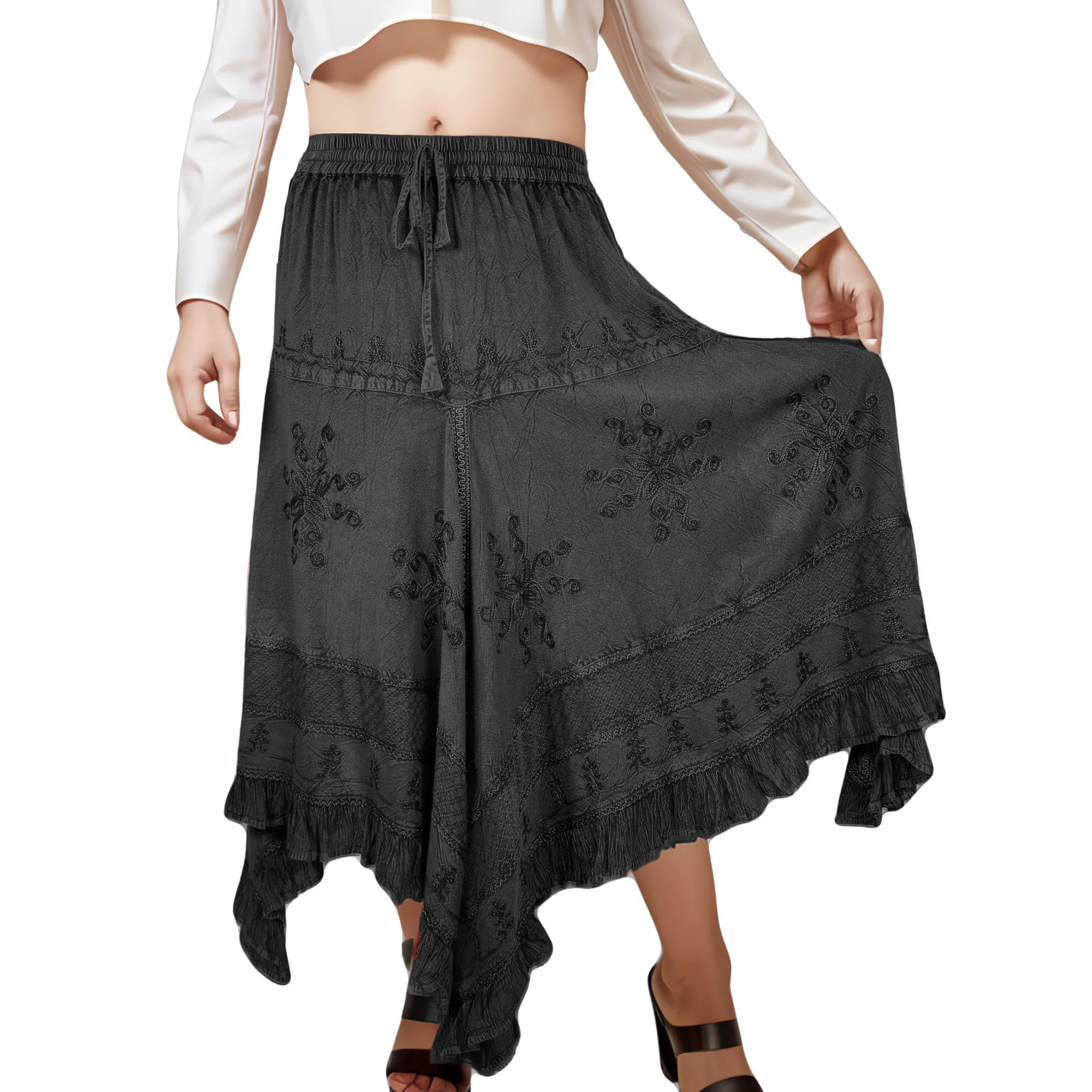 403 SKT Medieval Embroidered Rich Heavy Netted Lace Elastic Waistband Uneven Hem Style Skirt