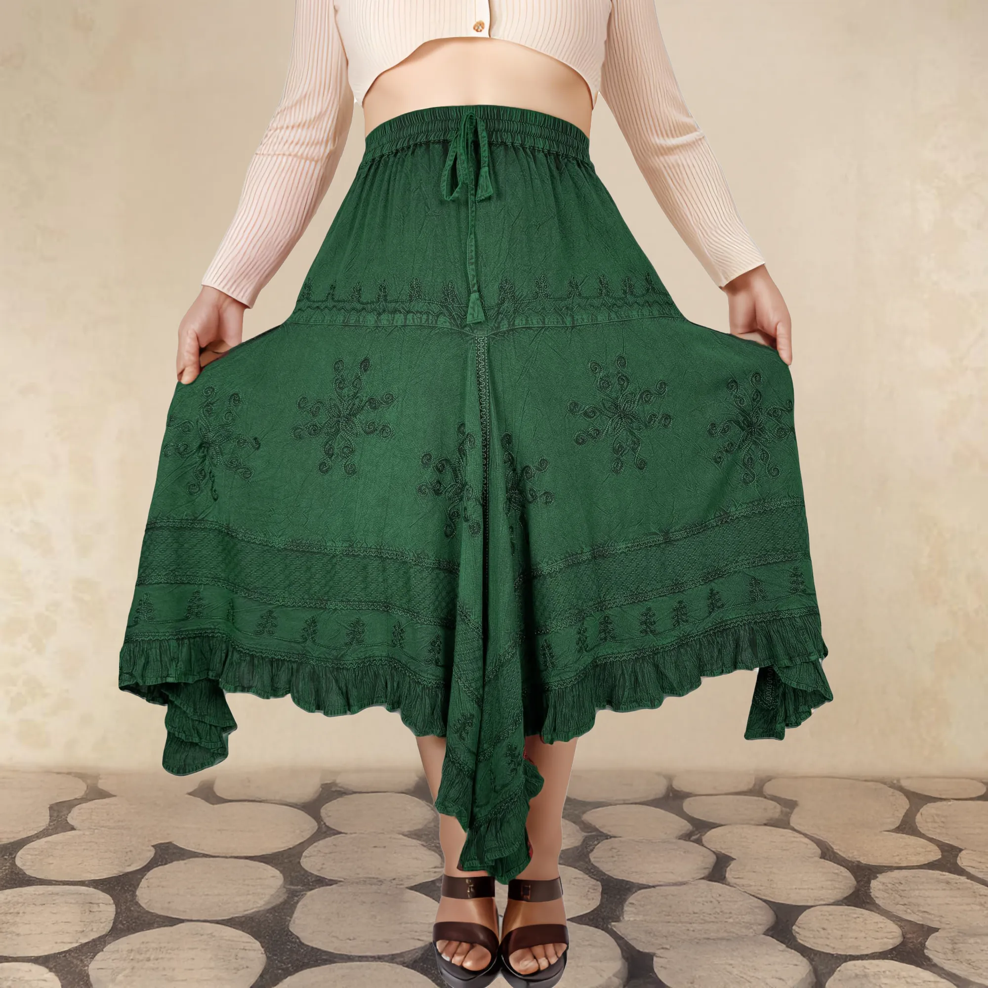 403 SKT Medieval Embroidered Rich Heavy Netted Lace Elastic Waistband Uneven Hem Style Skirt