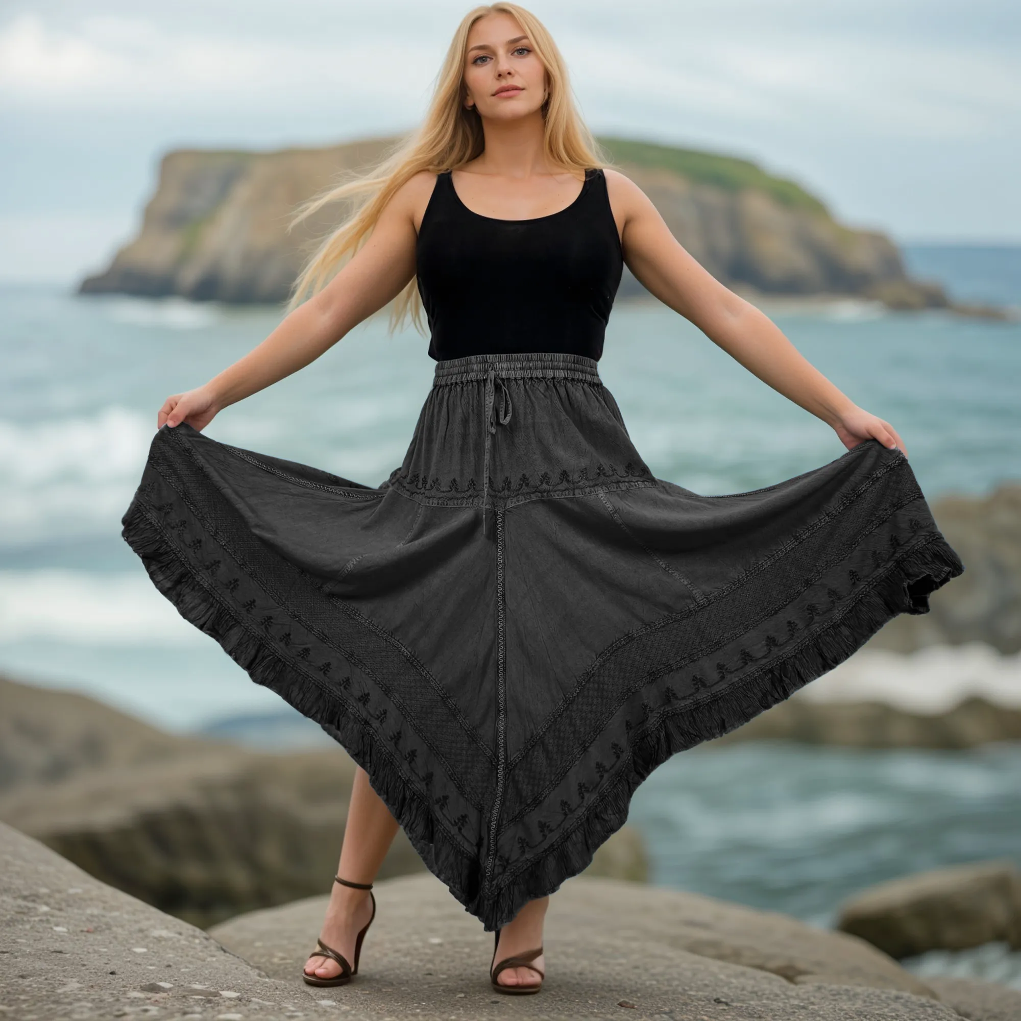 403 SKT Medieval Embroidered Rich Heavy Netted Lace Elastic Waistband Uneven Hem Style Skirt