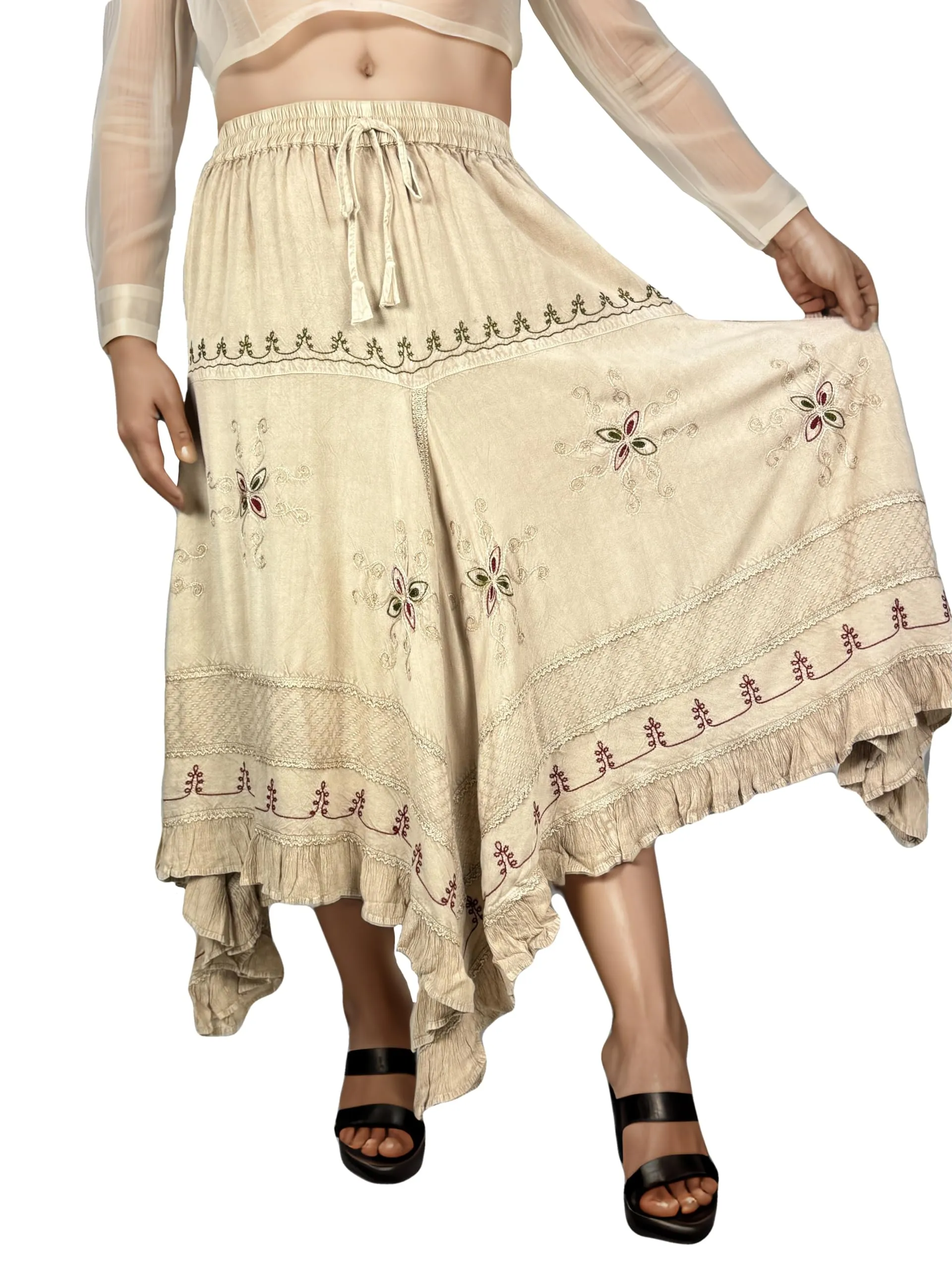 403 SKT Medieval Embroidered Rich Heavy Netted Lace Elastic Waistband Uneven Hem Style Skirt