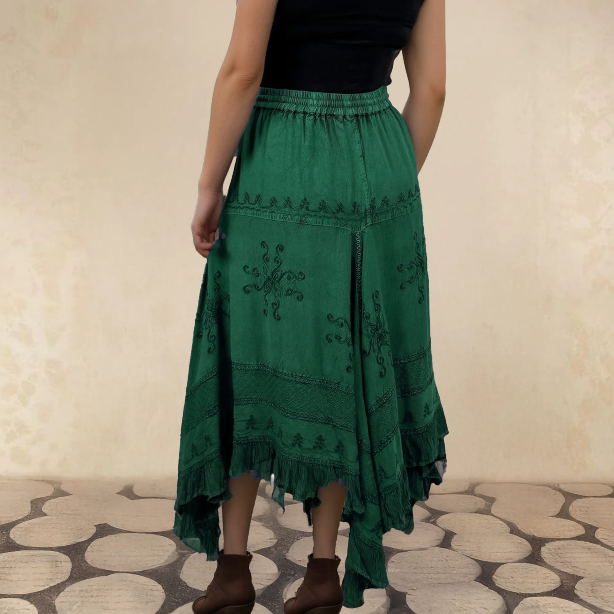 403 SKT Medieval Embroidered Rich Heavy Netted Lace Elastic Waistband Uneven Hem Style Skirt