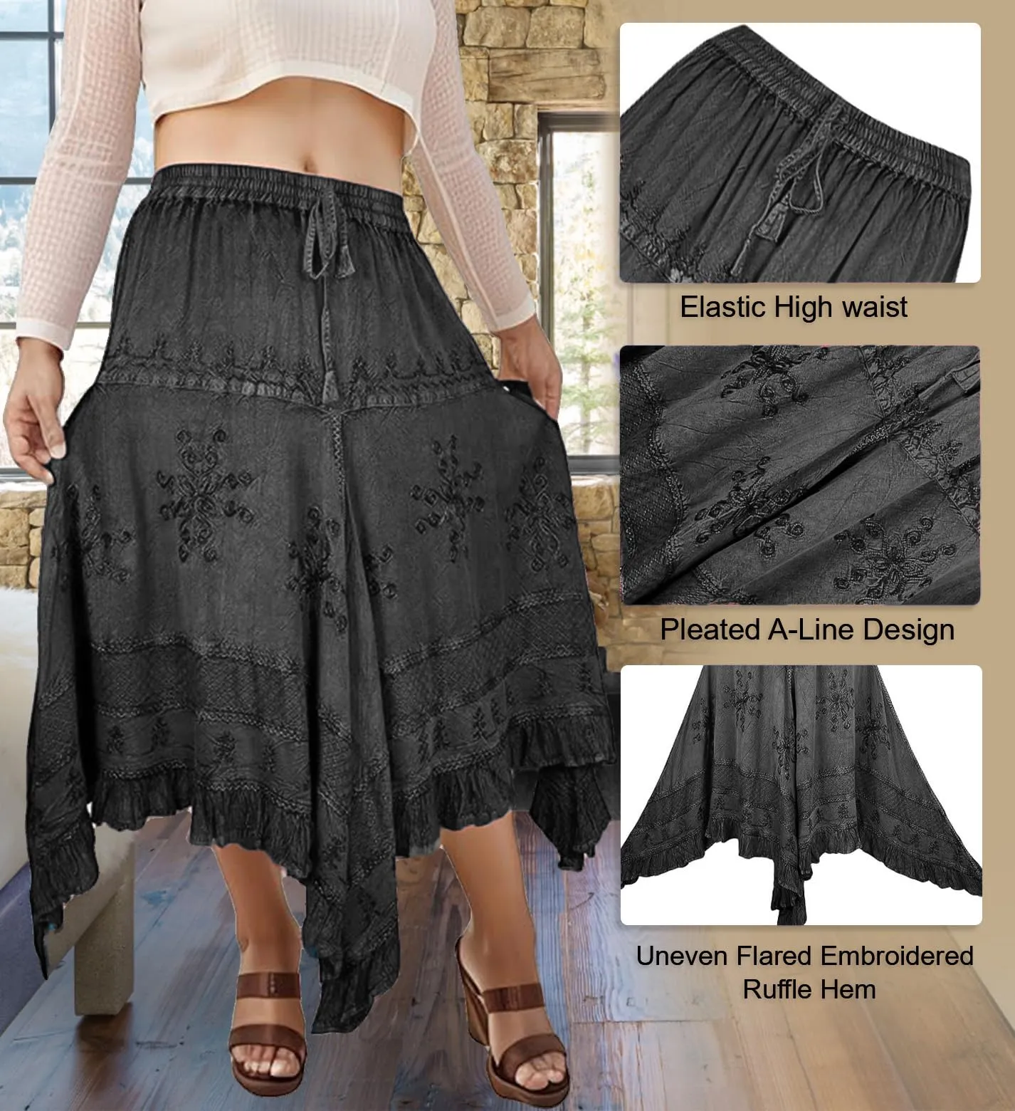 403 SKT Medieval Embroidered Rich Heavy Netted Lace Elastic Waistband Uneven Hem Style Skirt