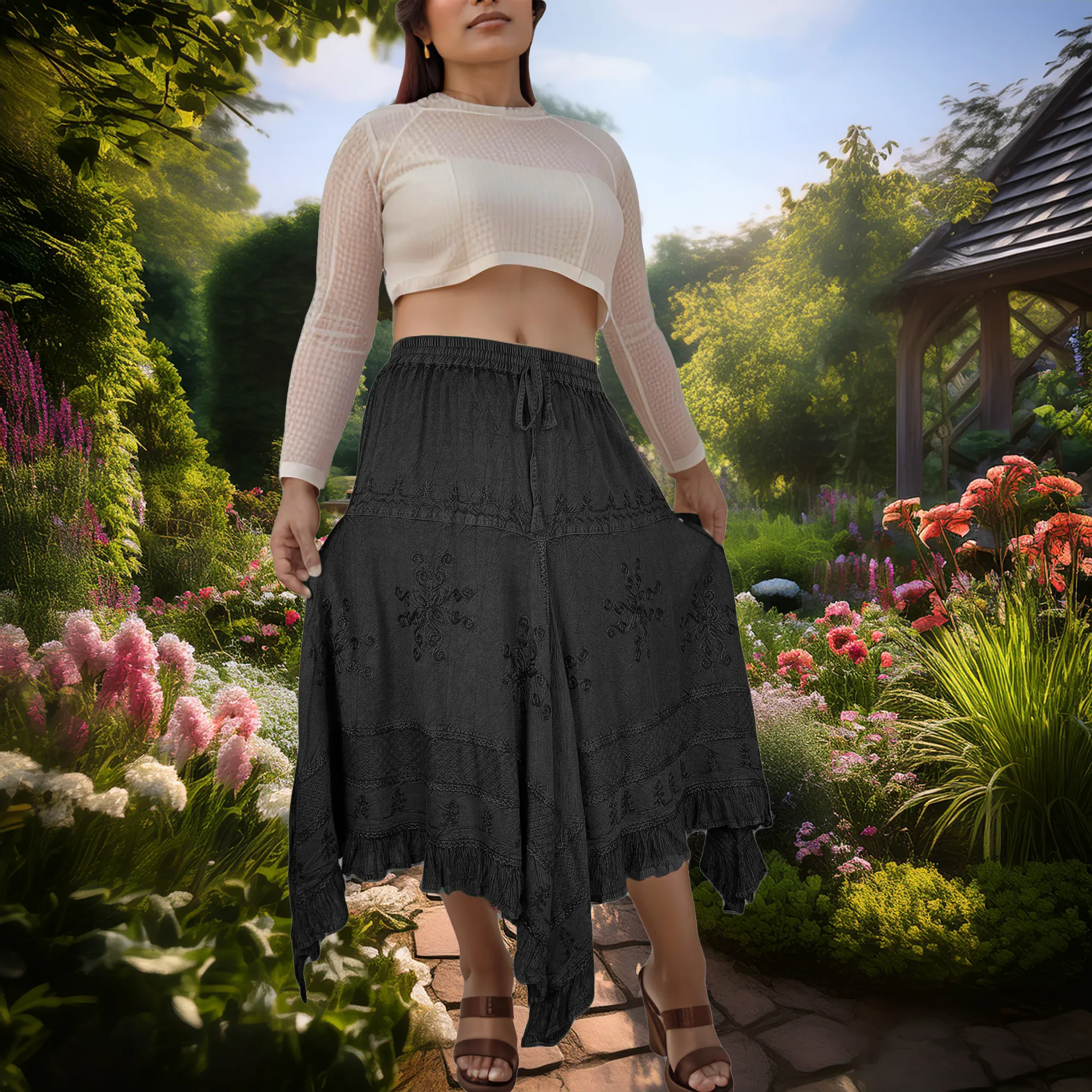 403 SKT Medieval Embroidered Rich Heavy Netted Lace Elastic Waistband Uneven Hem Style Skirt