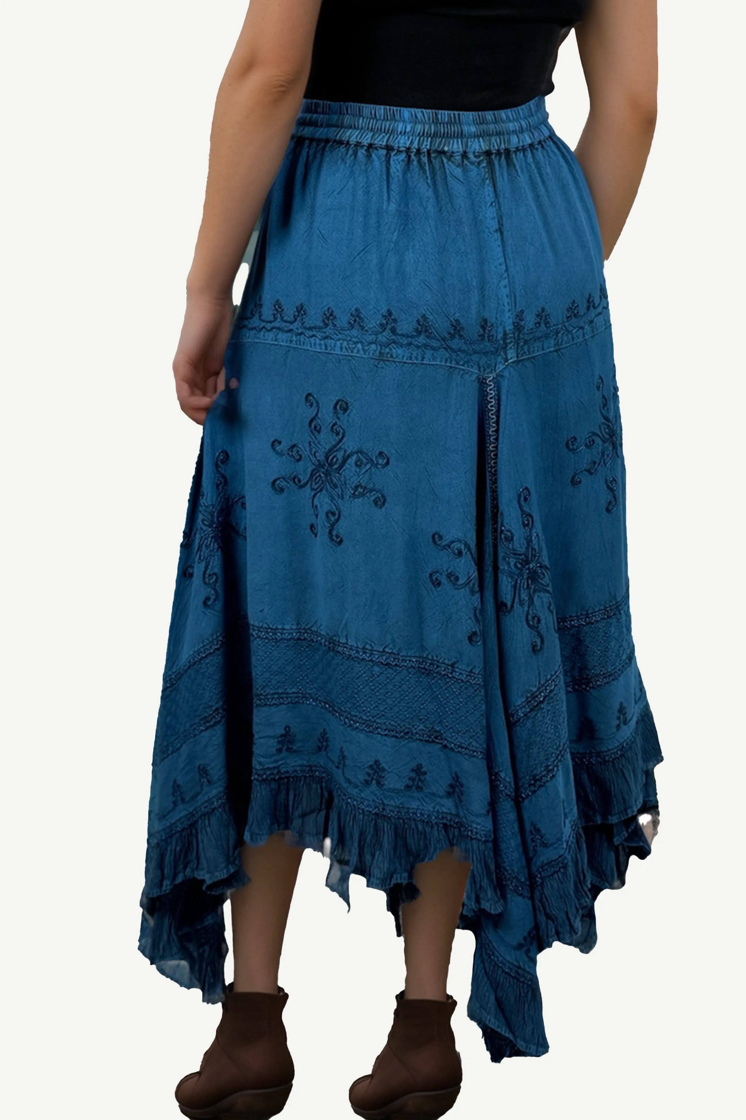 403 SKT Medieval Embroidered Rich Heavy Netted Lace Elastic Waistband Uneven Hem Style Skirt