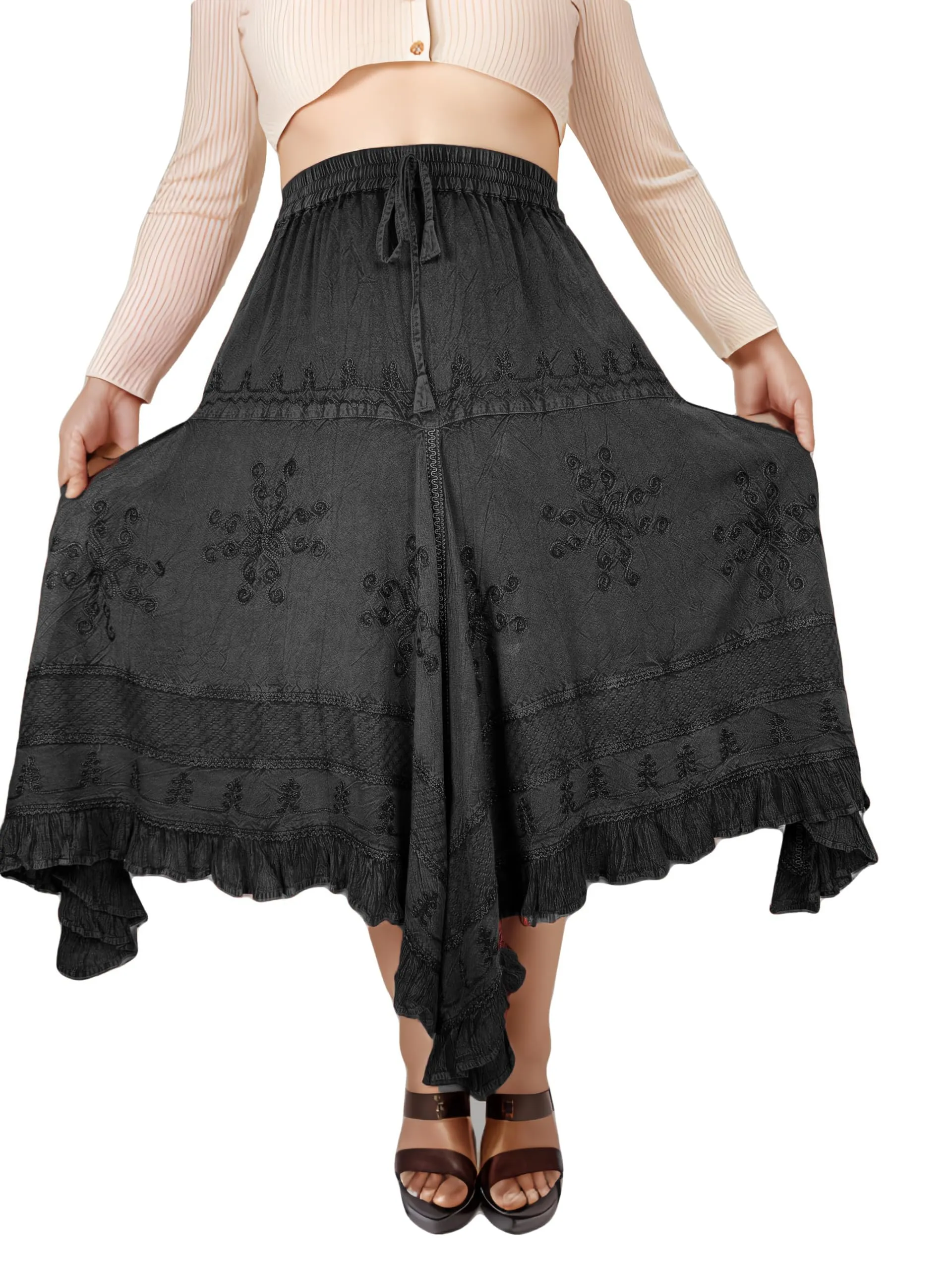 403 SKT Medieval Embroidered Rich Heavy Netted Lace Elastic Waistband Uneven Hem Style Skirt