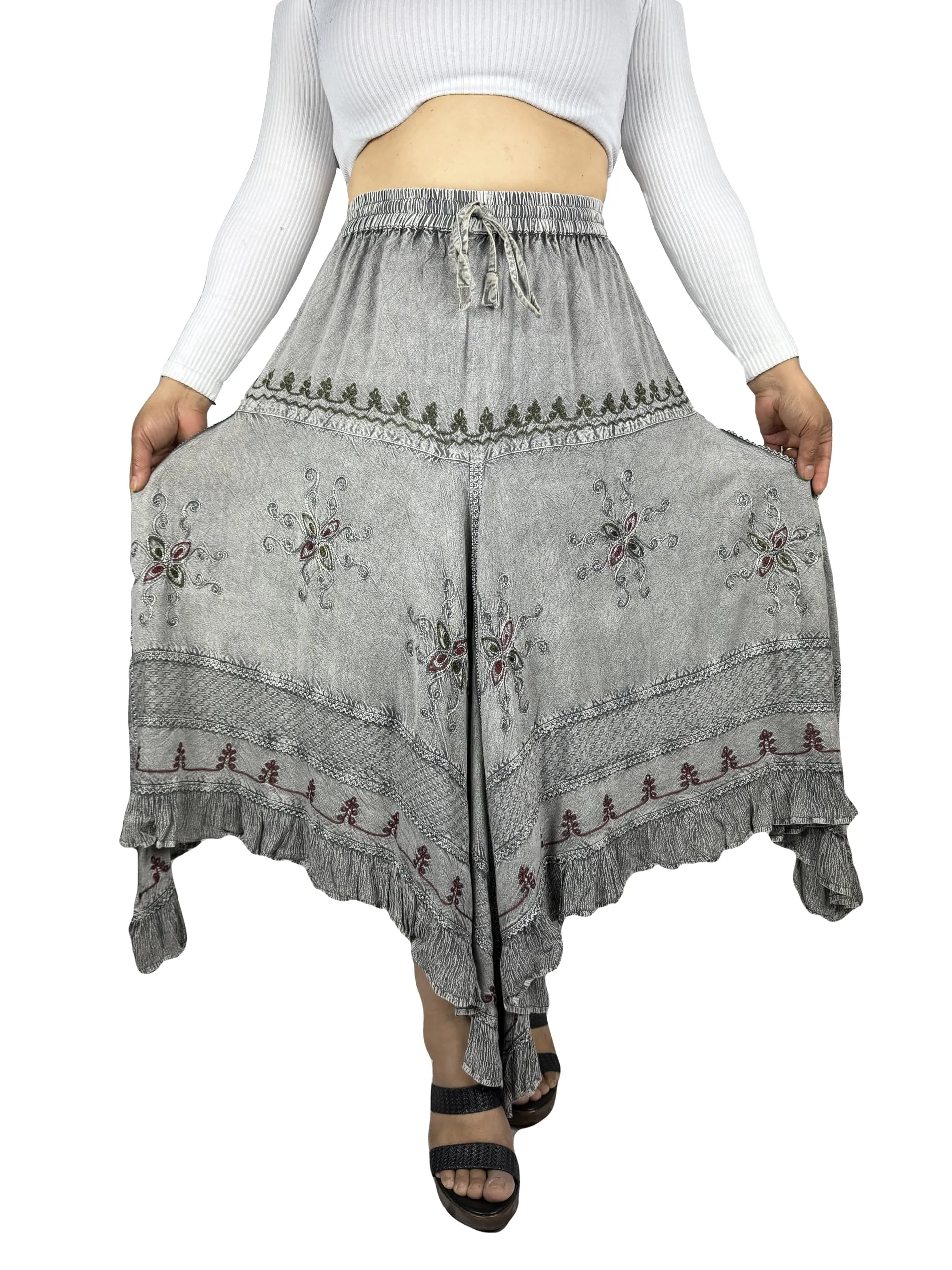 403 SKT Medieval Embroidered Rich Heavy Netted Lace Elastic Waistband Uneven Hem Style Skirt