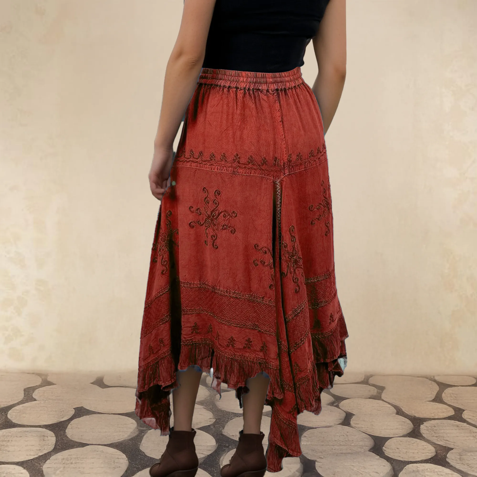 403 SKT Medieval Embroidered Rich Heavy Netted Lace Elastic Waistband Uneven Hem Style Skirt