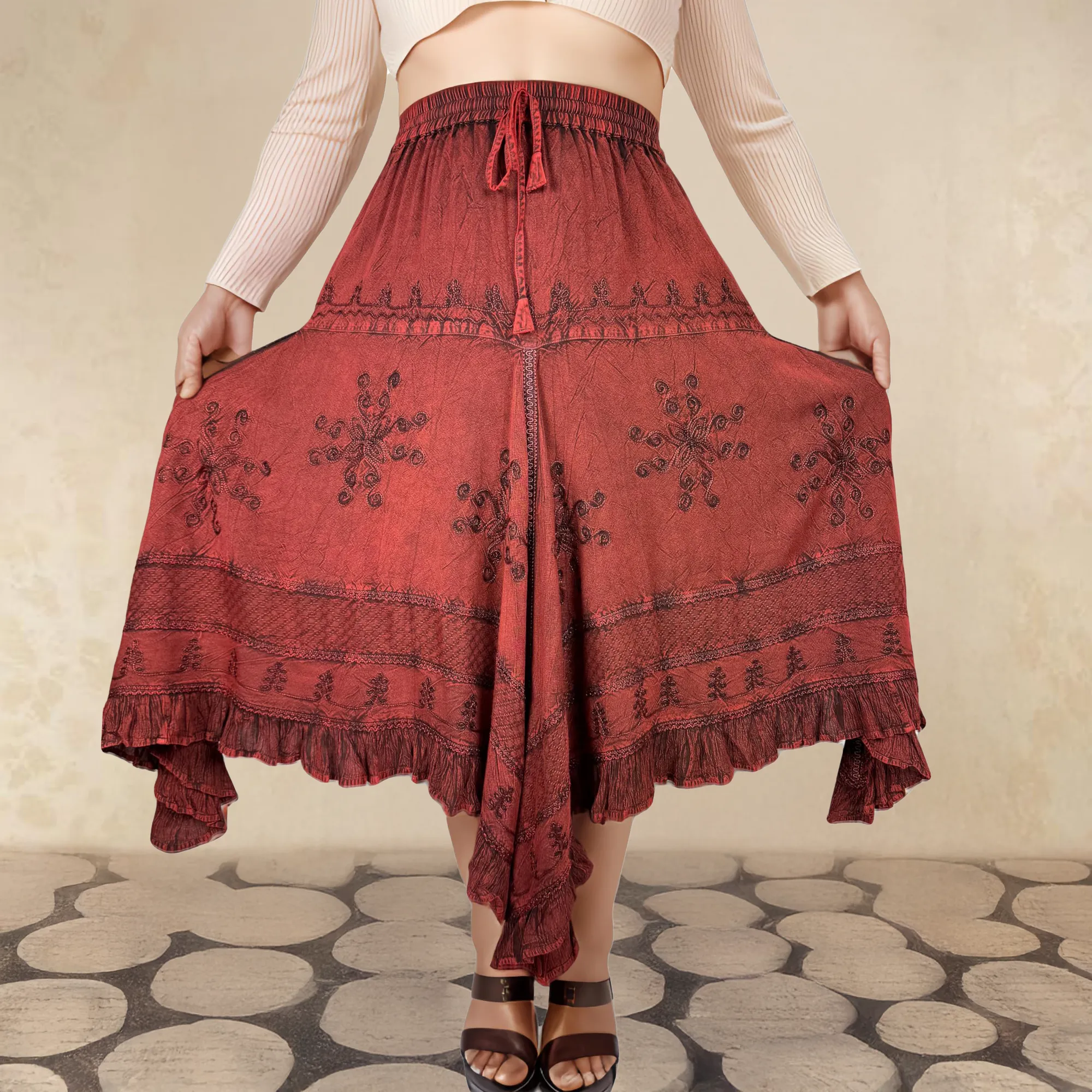 403 SKT Medieval Embroidered Rich Heavy Netted Lace Elastic Waistband Uneven Hem Style Skirt