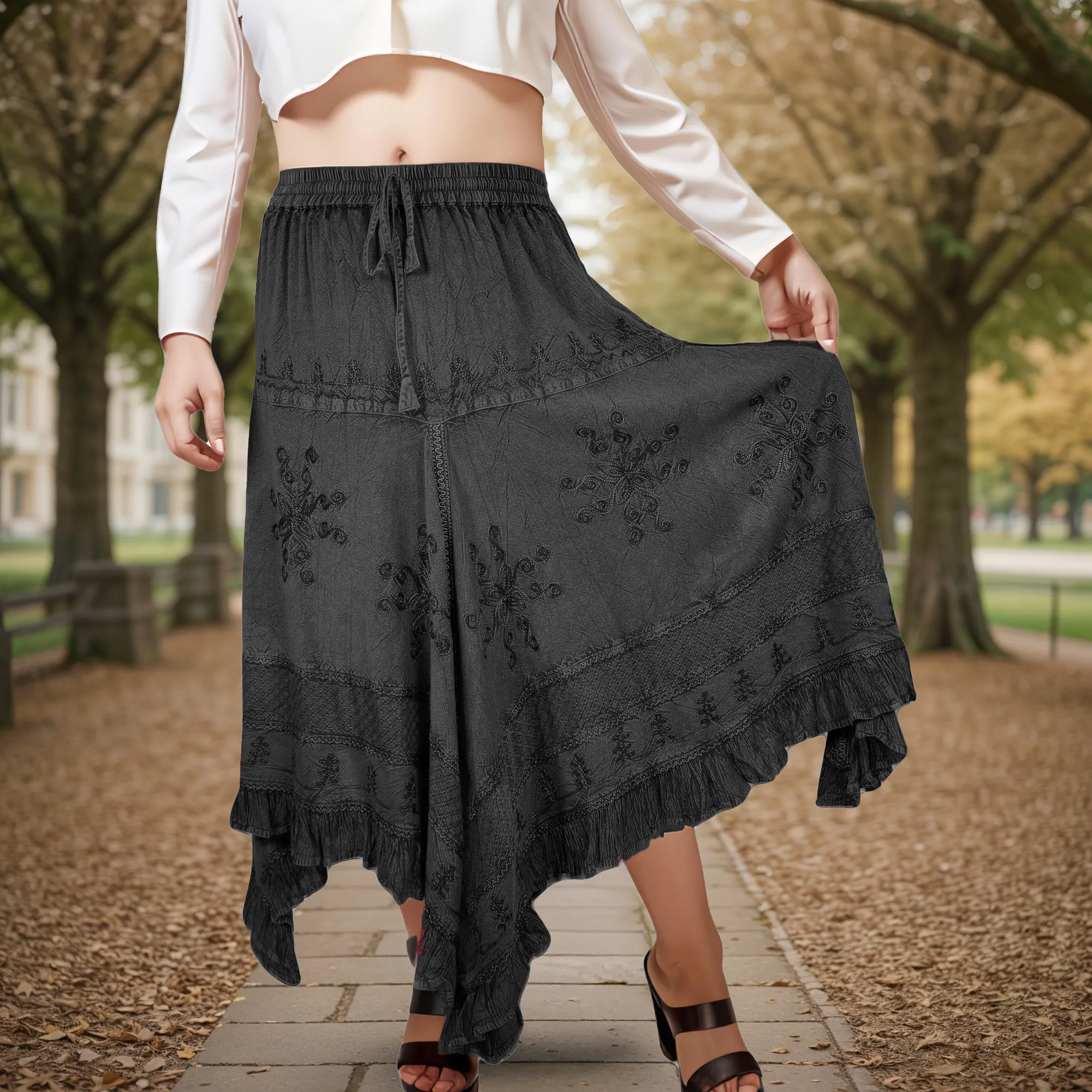 403 SKT Medieval Embroidered Rich Heavy Netted Lace Elastic Waistband Uneven Hem Style Skirt