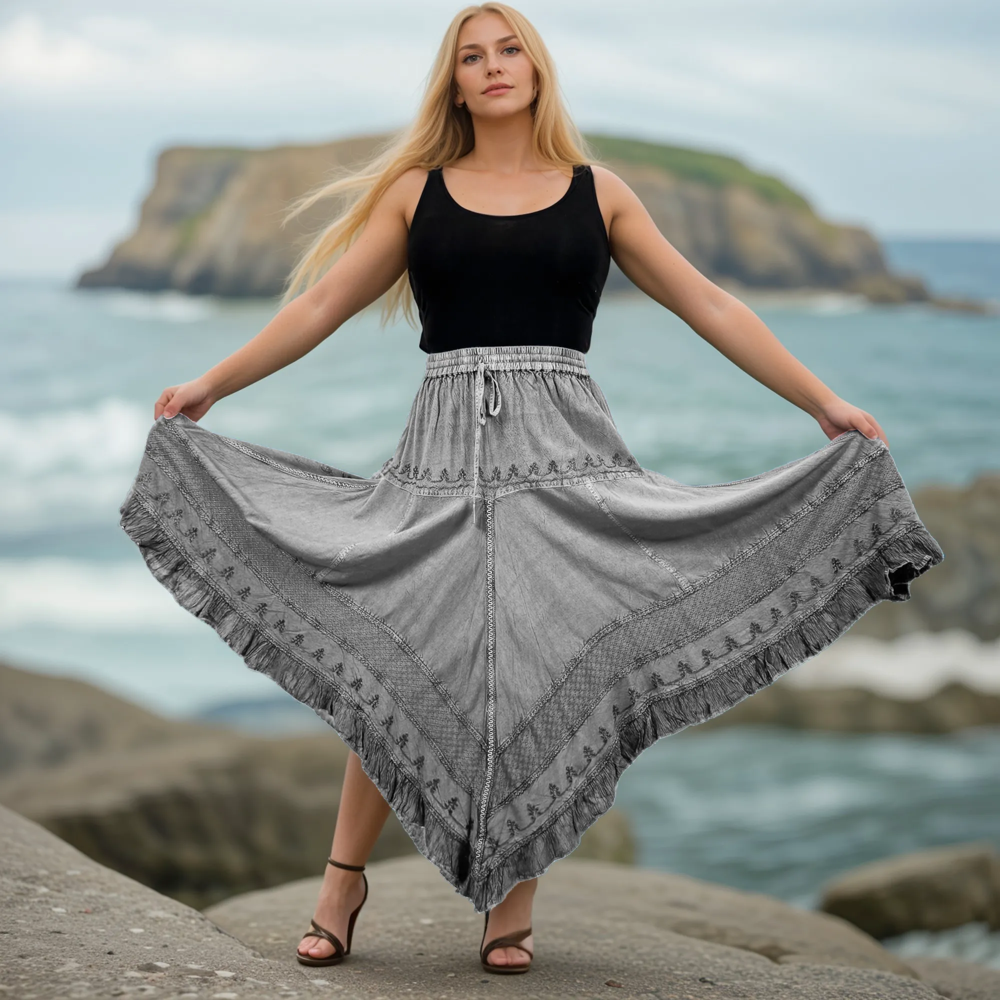 403 SKT Medieval Embroidered Rich Heavy Netted Lace Elastic Waistband Uneven Hem Style Skirt