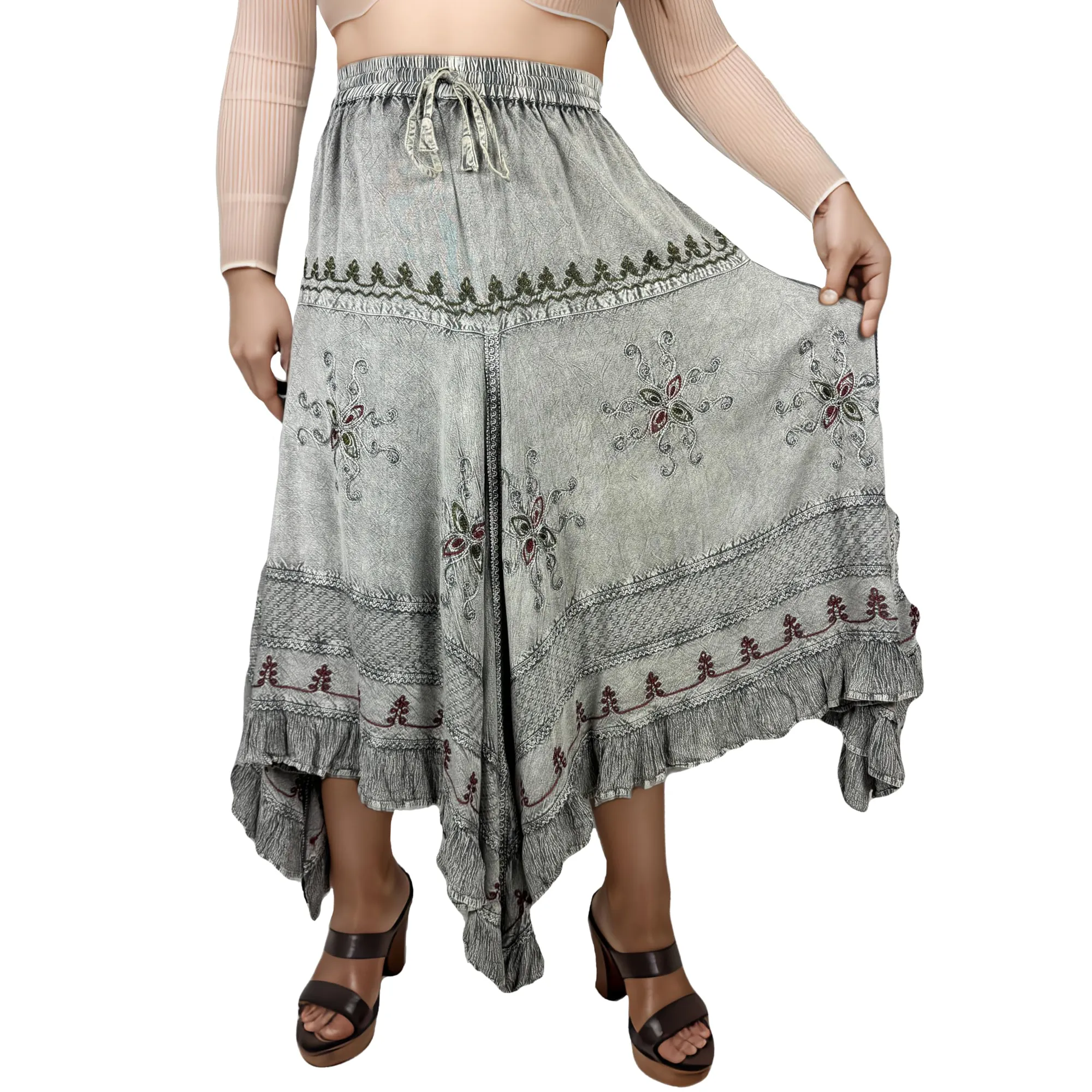 403 SKT Medieval Embroidered Rich Heavy Netted Lace Elastic Waistband Uneven Hem Style Skirt