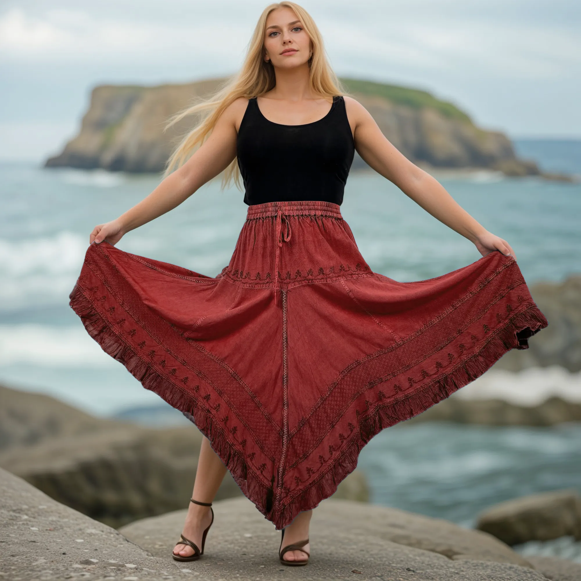 403 SKT Medieval Embroidered Rich Heavy Netted Lace Elastic Waistband Uneven Hem Style Skirt