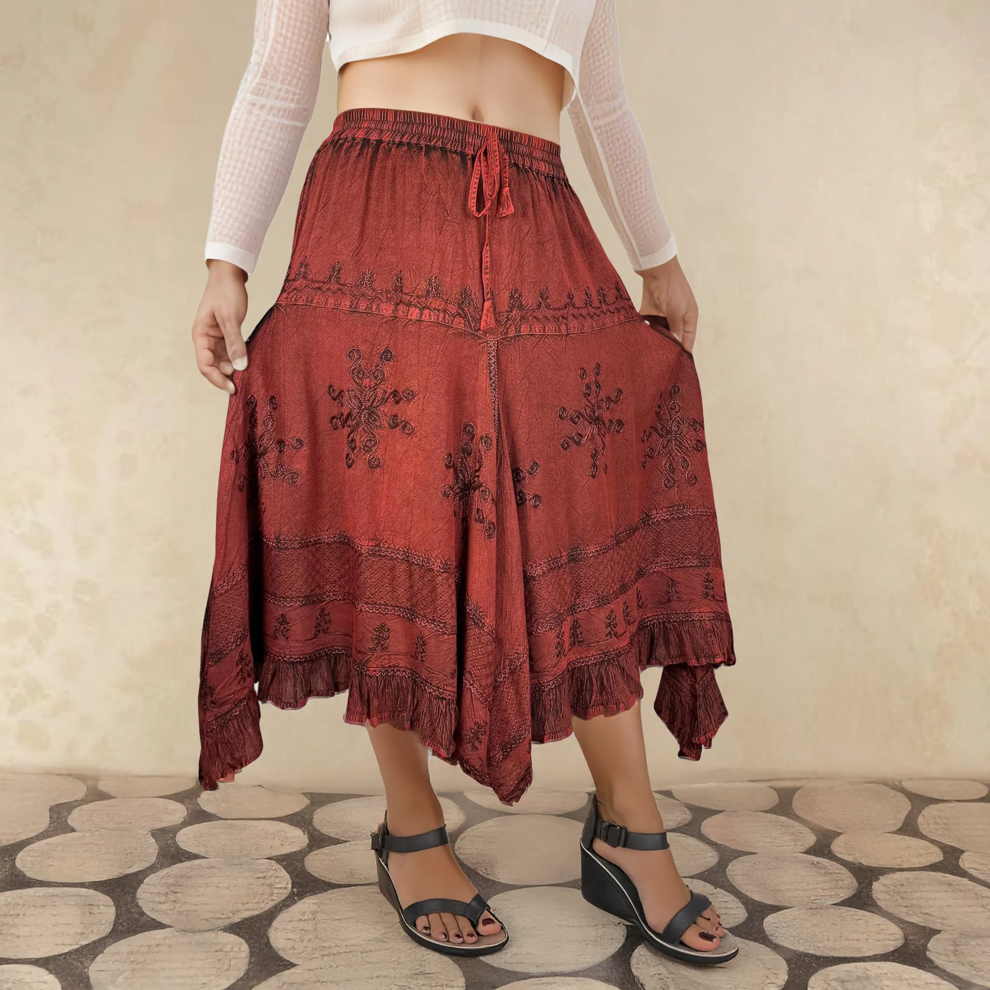 403 SKT Medieval Embroidered Rich Heavy Netted Lace Elastic Waistband Uneven Hem Style Skirt