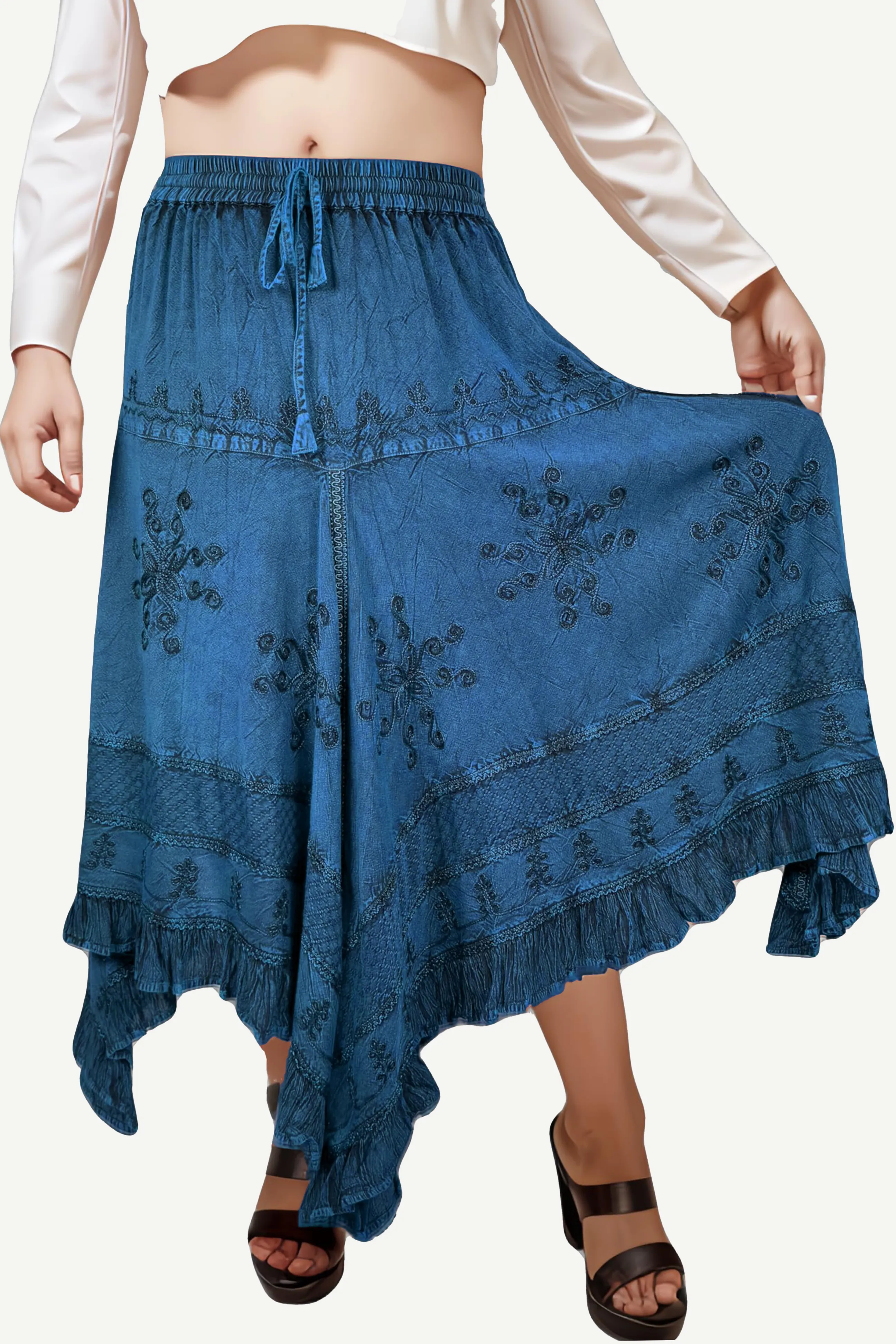 403 SKT Medieval Embroidered Rich Heavy Netted Lace Elastic Waistband Uneven Hem Style Skirt