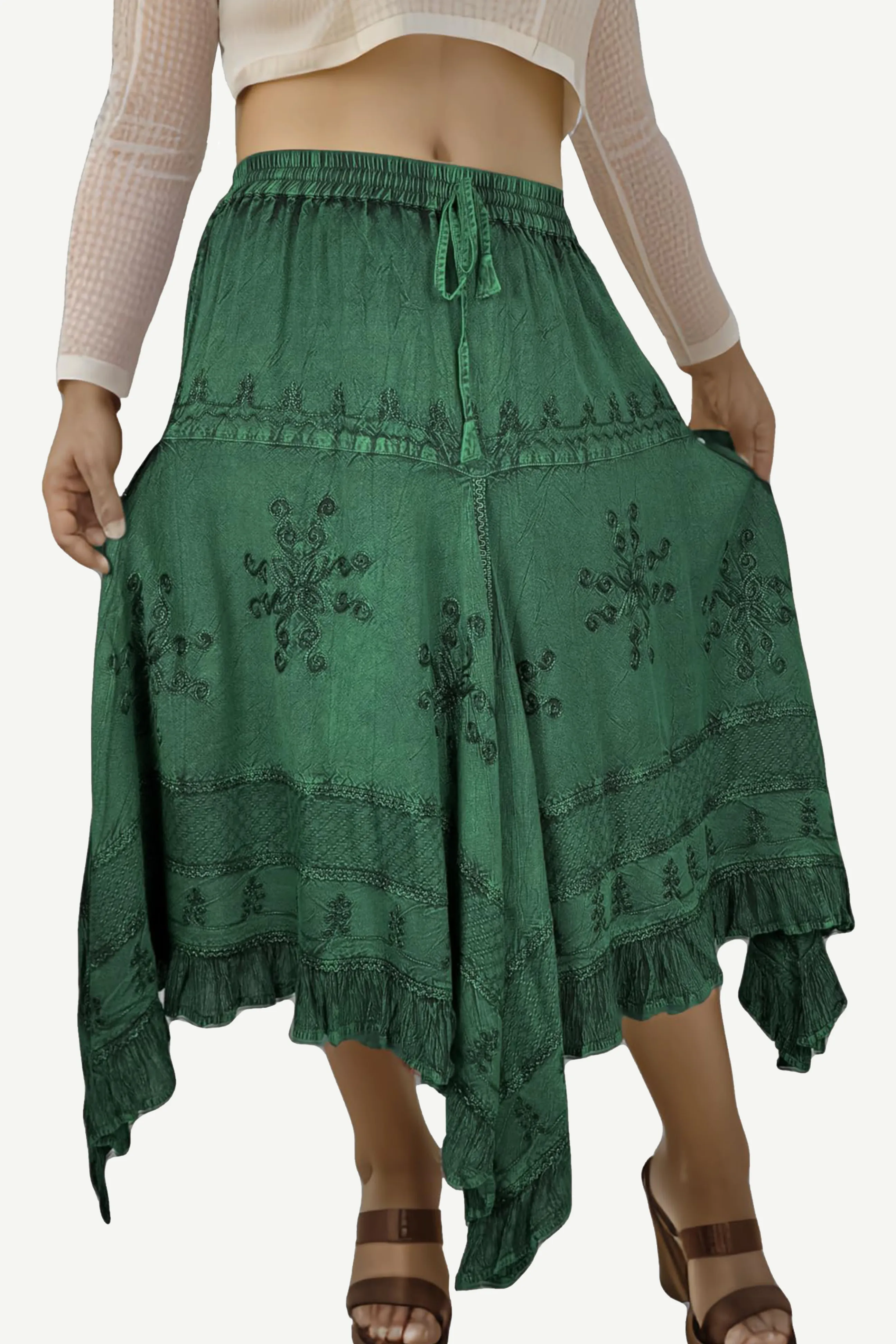 403 SKT Medieval Embroidered Rich Heavy Netted Lace Elastic Waistband Uneven Hem Style Skirt