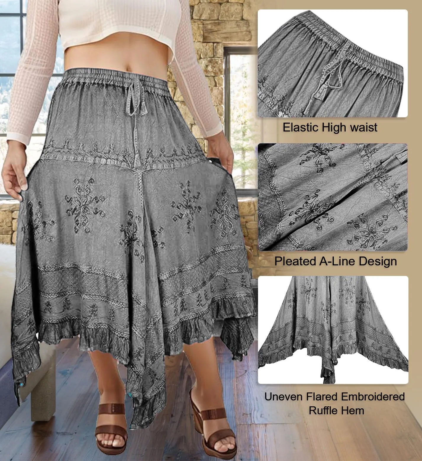 403 SKT Medieval Embroidered Rich Heavy Netted Lace Elastic Waistband Uneven Hem Style Skirt