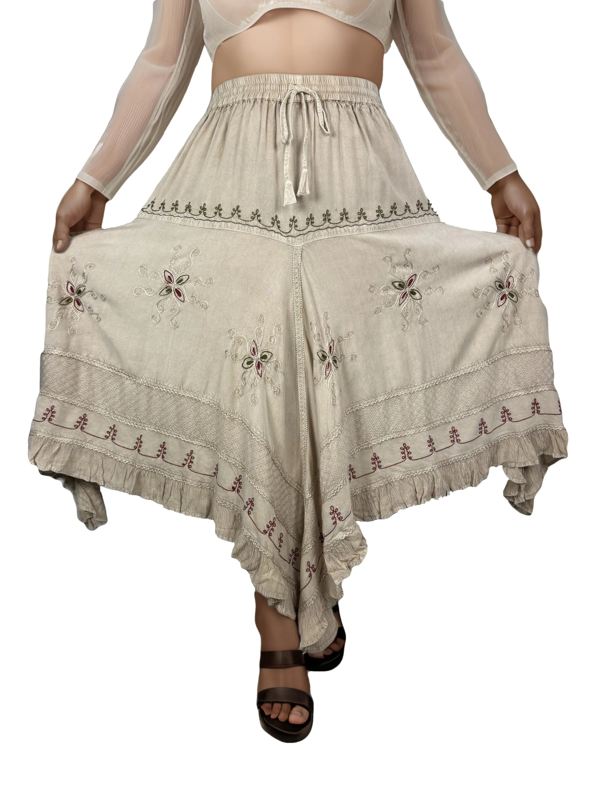 403 SKT Medieval Embroidered Rich Heavy Netted Lace Elastic Waistband Uneven Hem Style Skirt
