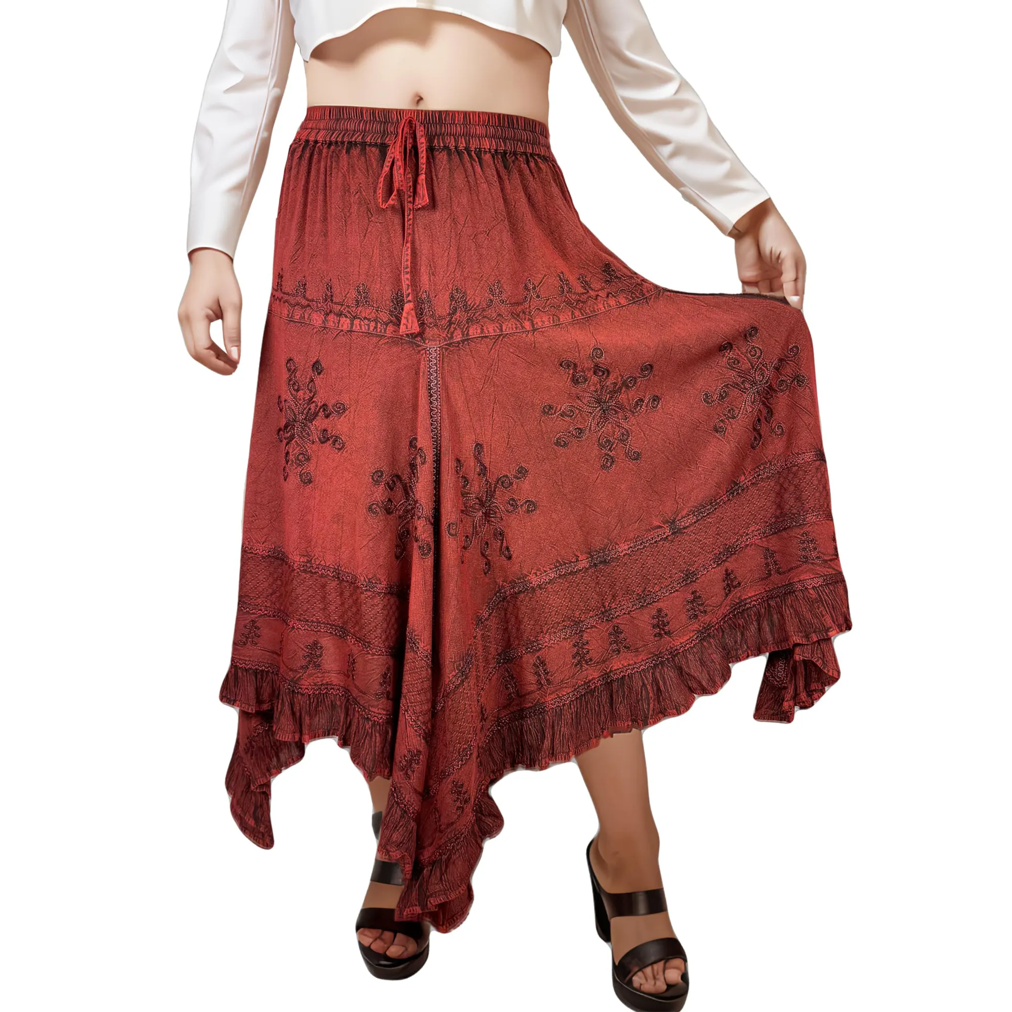 403 SKT Medieval Embroidered Rich Heavy Netted Lace Elastic Waistband Uneven Hem Style Skirt