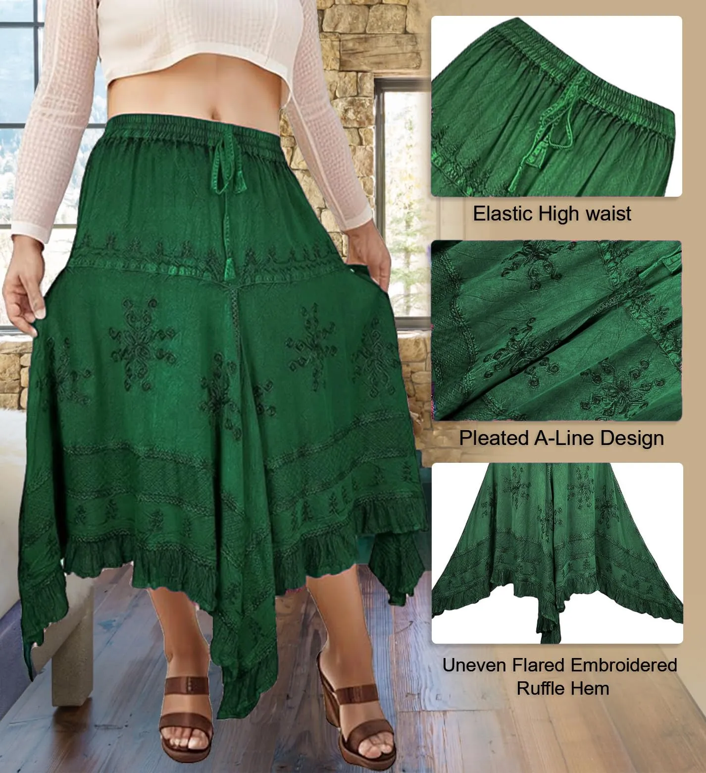 403 SKT Medieval Embroidered Rich Heavy Netted Lace Elastic Waistband Uneven Hem Style Skirt