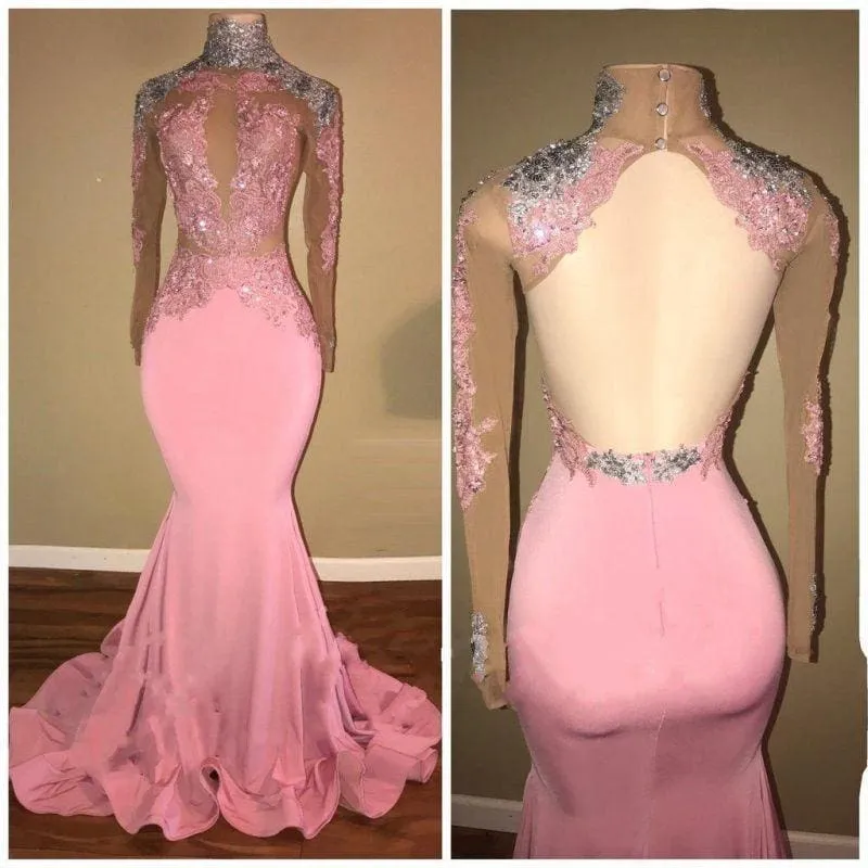 B| Bridelily Elegant Mermaid High Neck Lace Appliques Beaded Prom Dresses