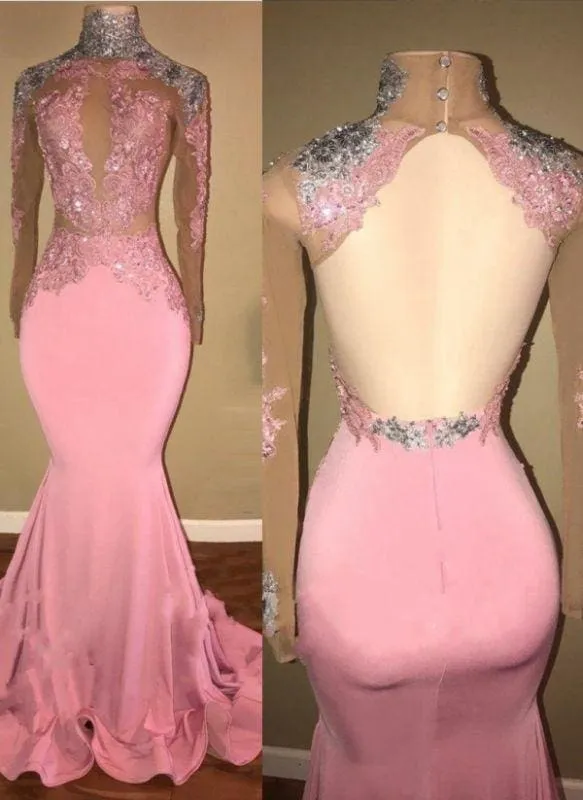 B| Bridelily Elegant Mermaid High Neck Lace Appliques Beaded Prom Dresses