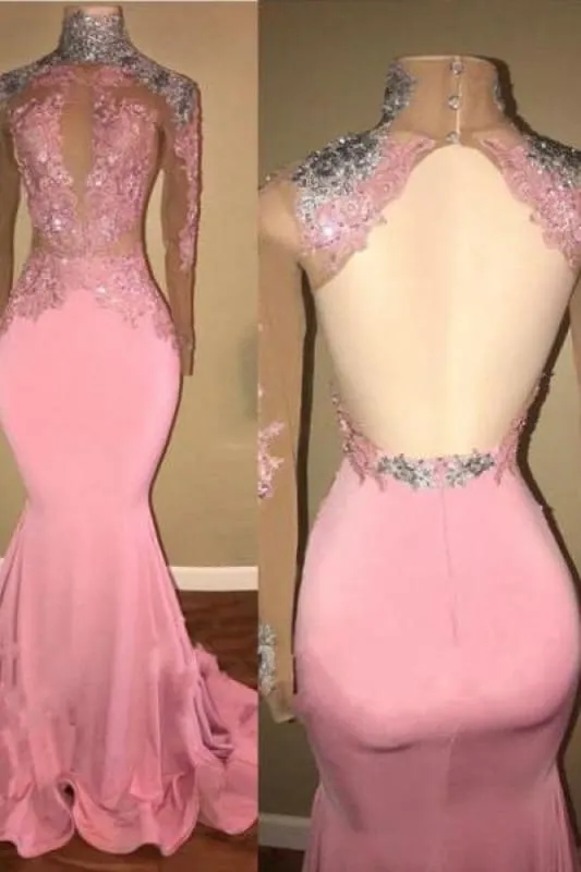 B| Bridelily Elegant Mermaid High Neck Lace Appliques Beaded Prom Dresses