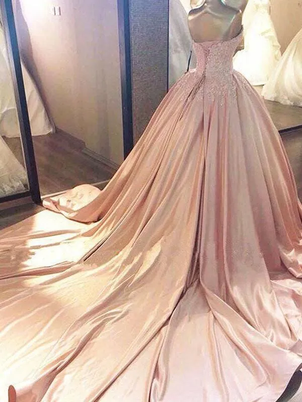 Ball Gown Sleeveless Sweetheart Court Train Lace Satin Dresses