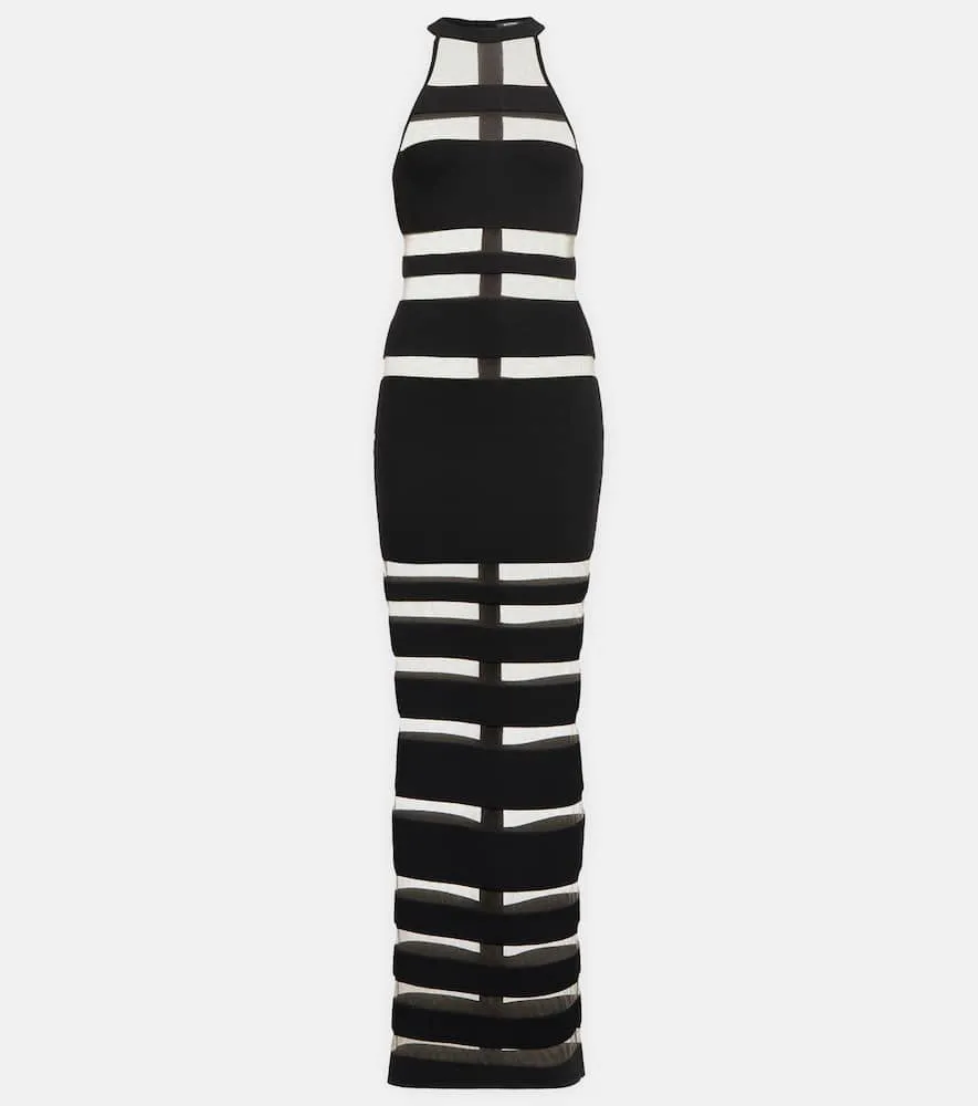 Balmain Halterneck mesh-paneled gown